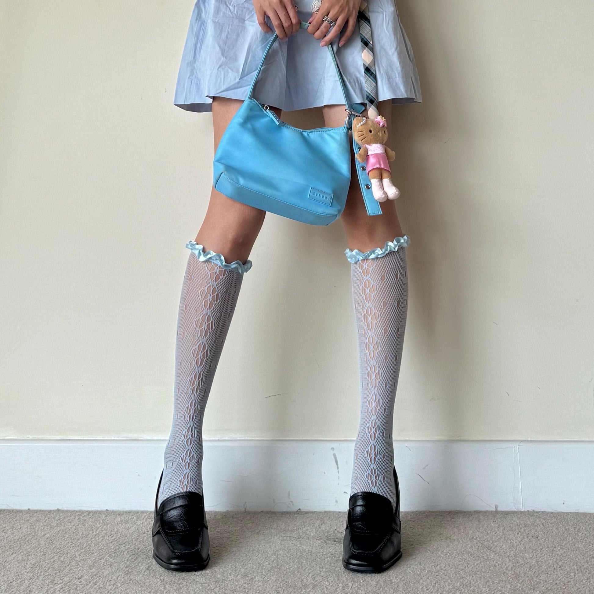 Blue Floral Knee High Frilled Socks with Satin Frill - socks