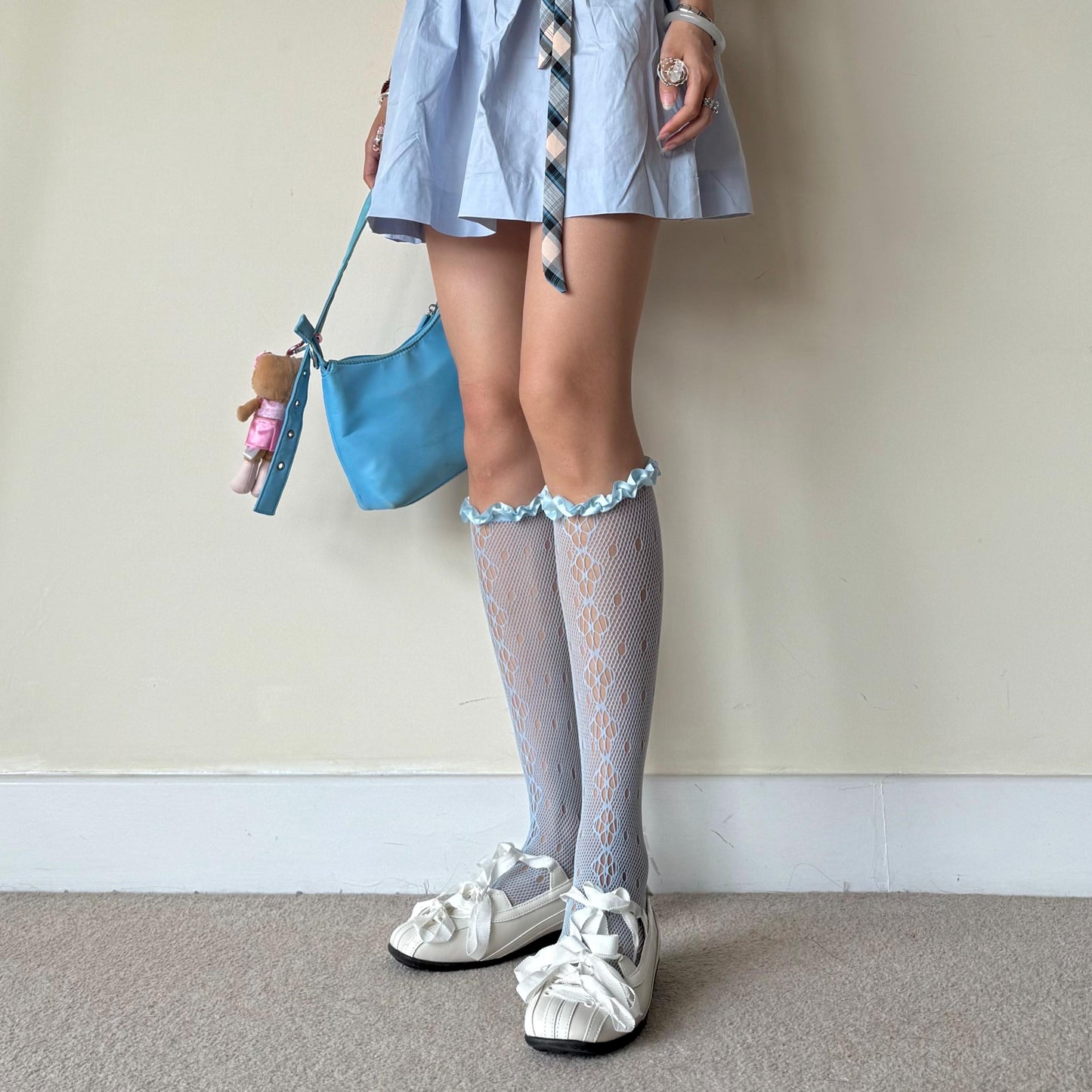 Blue Floral Knee High Frilled Socks with Satin Frill - socks