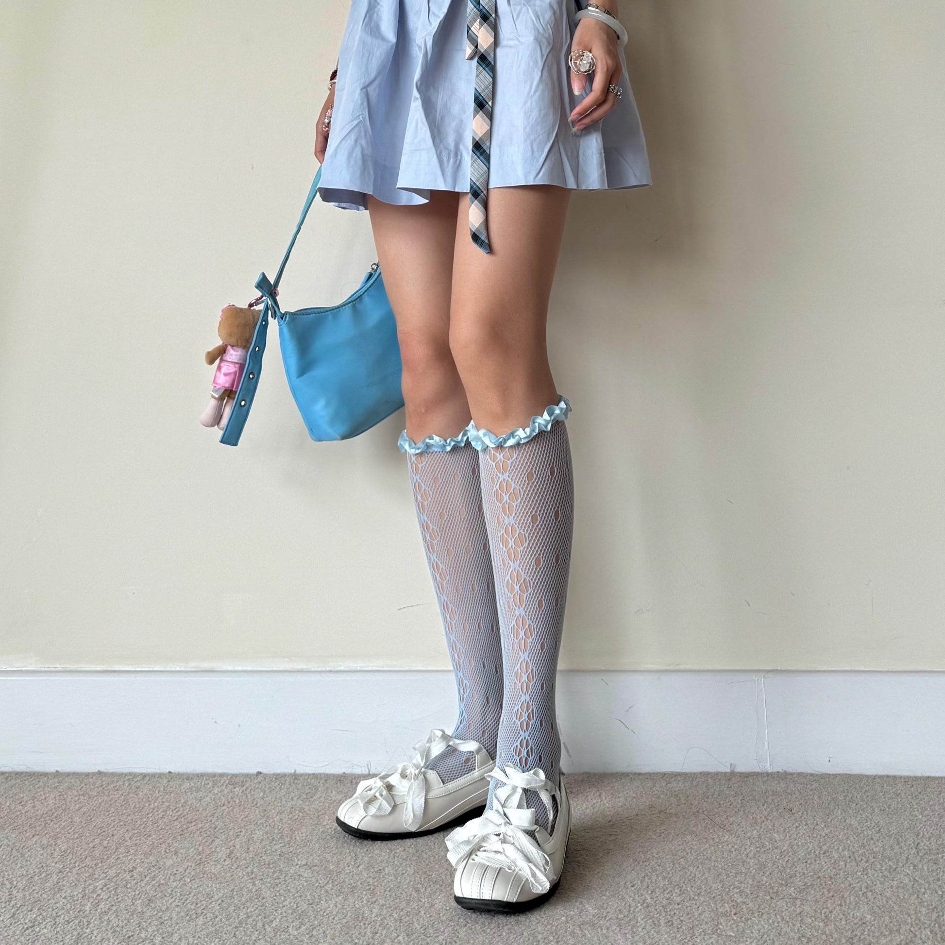 Blue Floral Knee High Frilled Socks with Satin Frill - socks