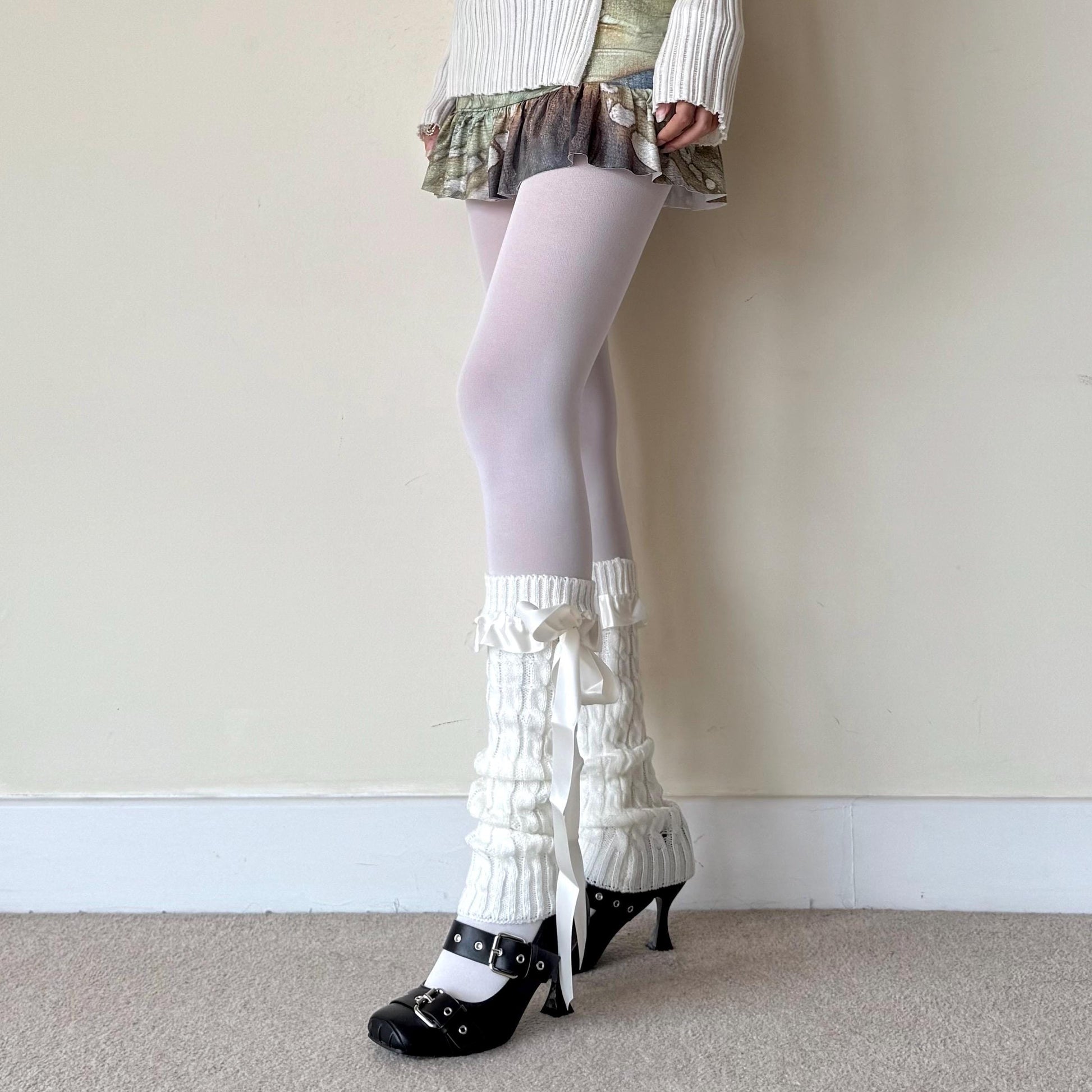 Cream White Knit-Style Leg Warmers with Lace Frill & Bow - leg warmers