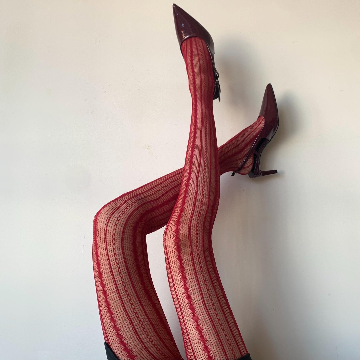 Red Geometric Stripped Fishnet Tights