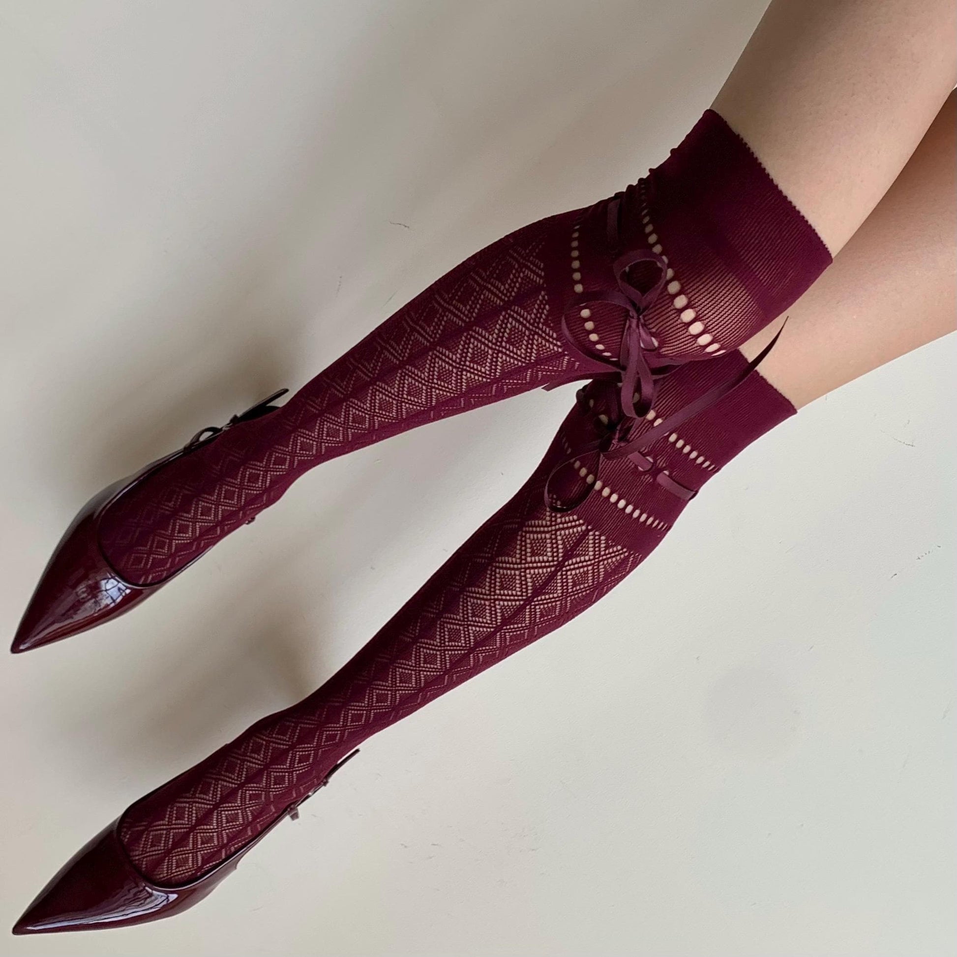 Burgundy Diamond Fishnet Knee High Socks with Adjustable Lace Bow Tie - stockings