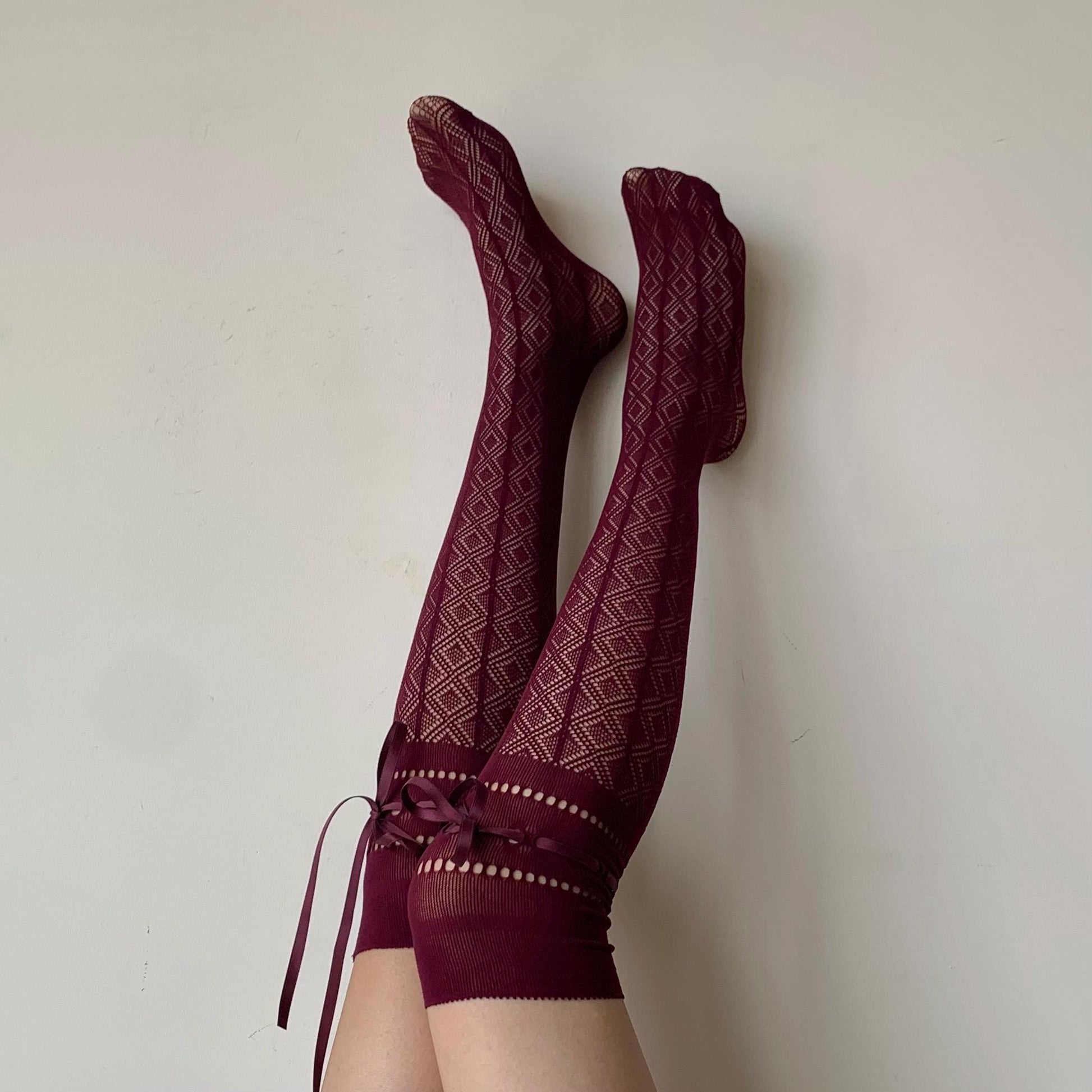 Burgundy Diamond Fishnet Knee High Socks with Adjustable Lace Bow Tie - stockings