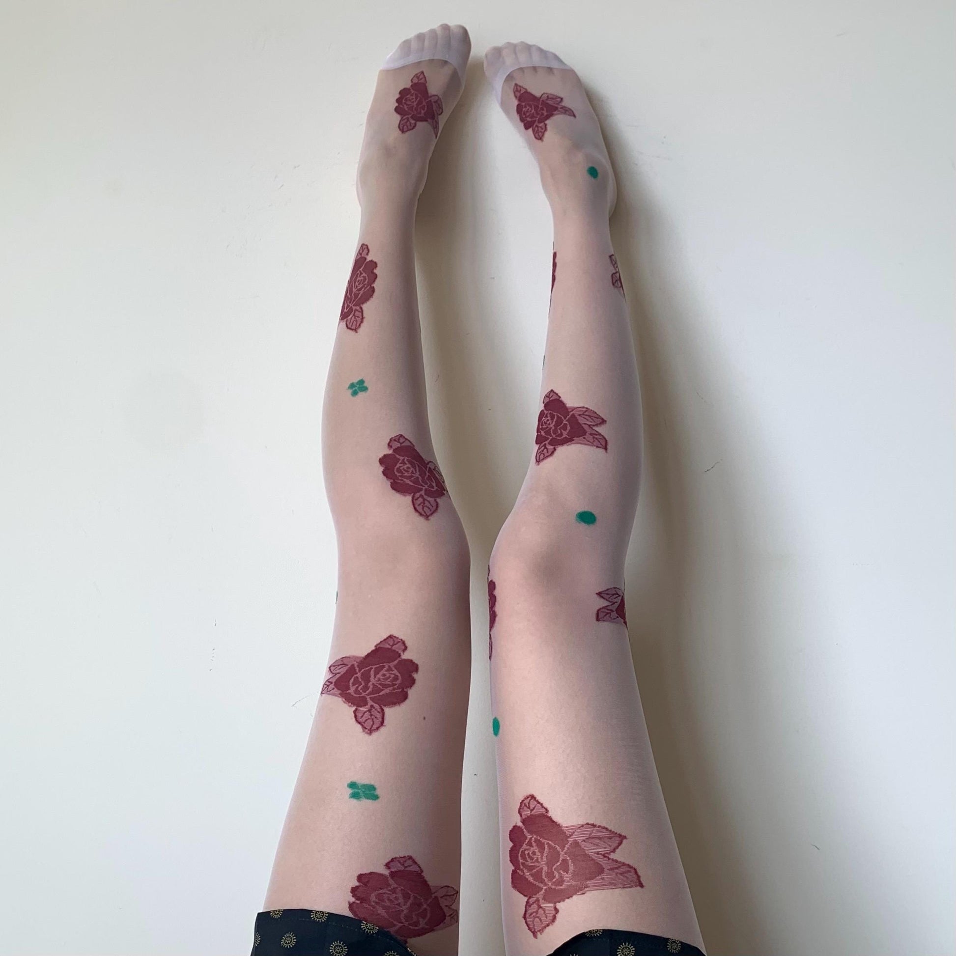 White Sheer Tights with Embroidered Roses & Green Leaves - tights