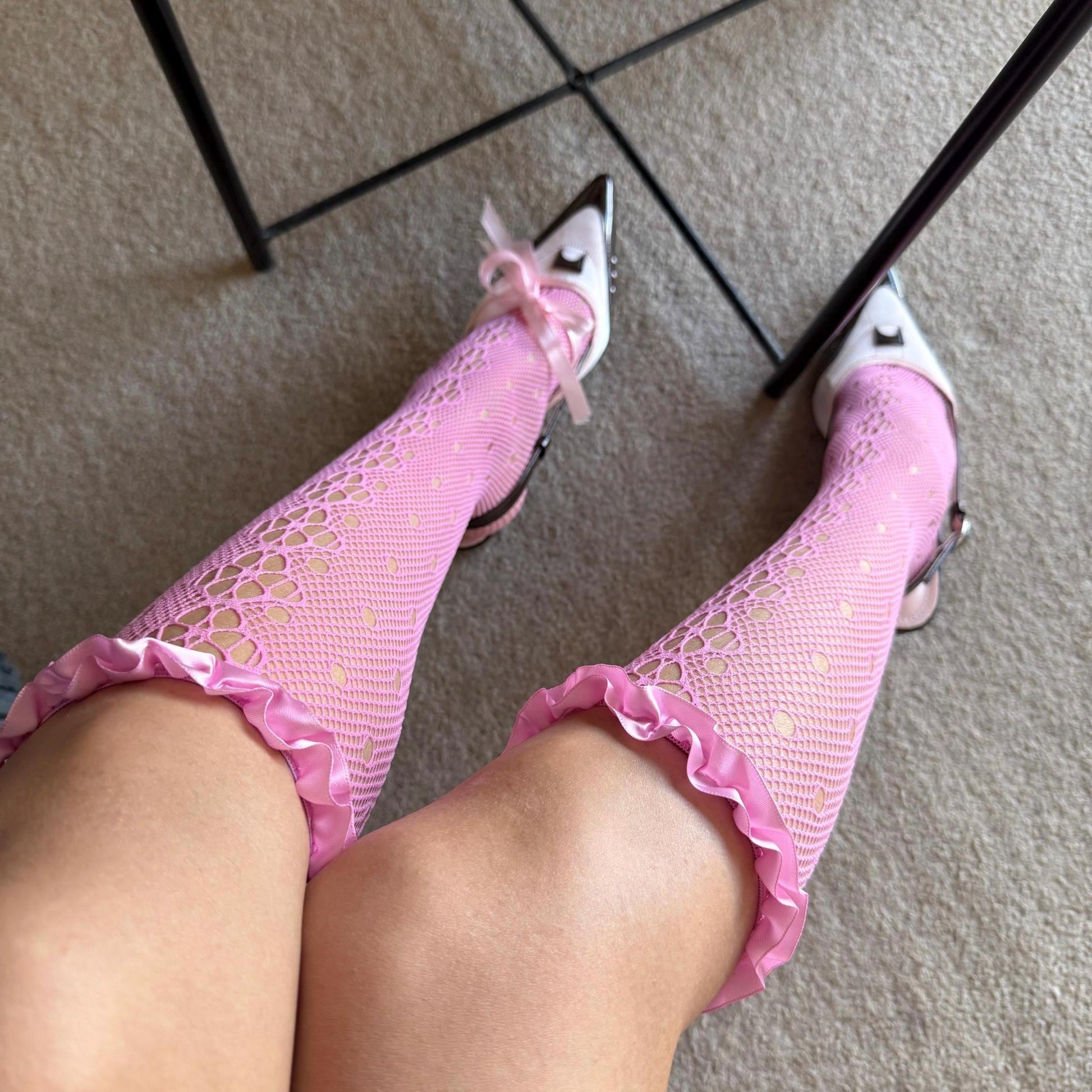 Pink Floral Knee High Frilled Socks with Lace Ruffle - socks