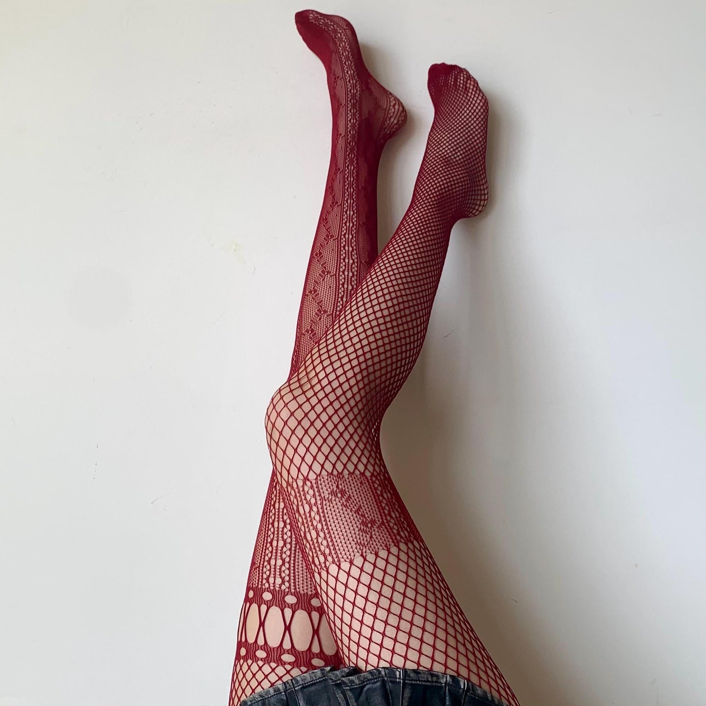 Burgundy Red Asymmetrical Mismatched Floral Fishnet Tights