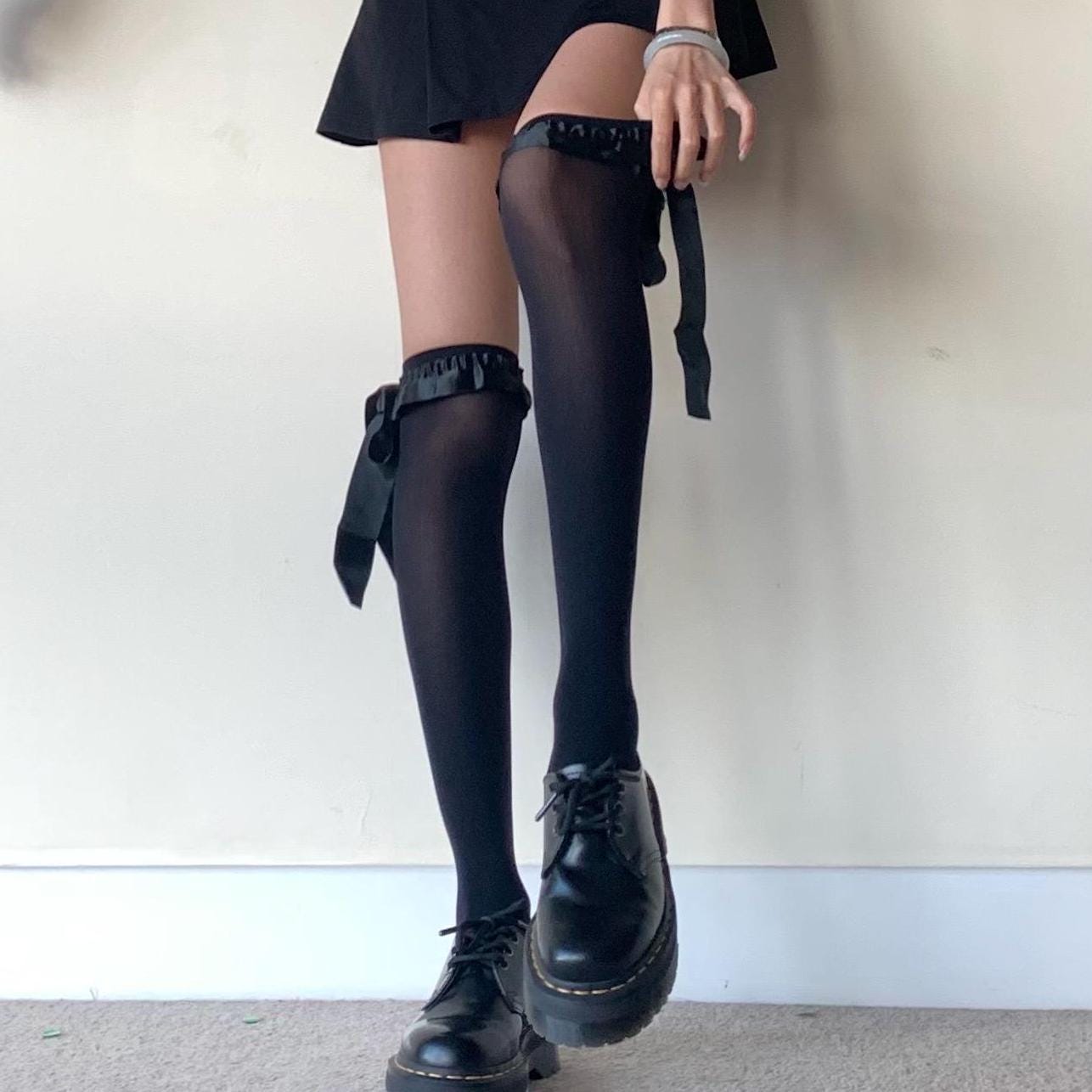Knee-high Velvet Socks with Satin Ruffled Top and Bow Tie - socks