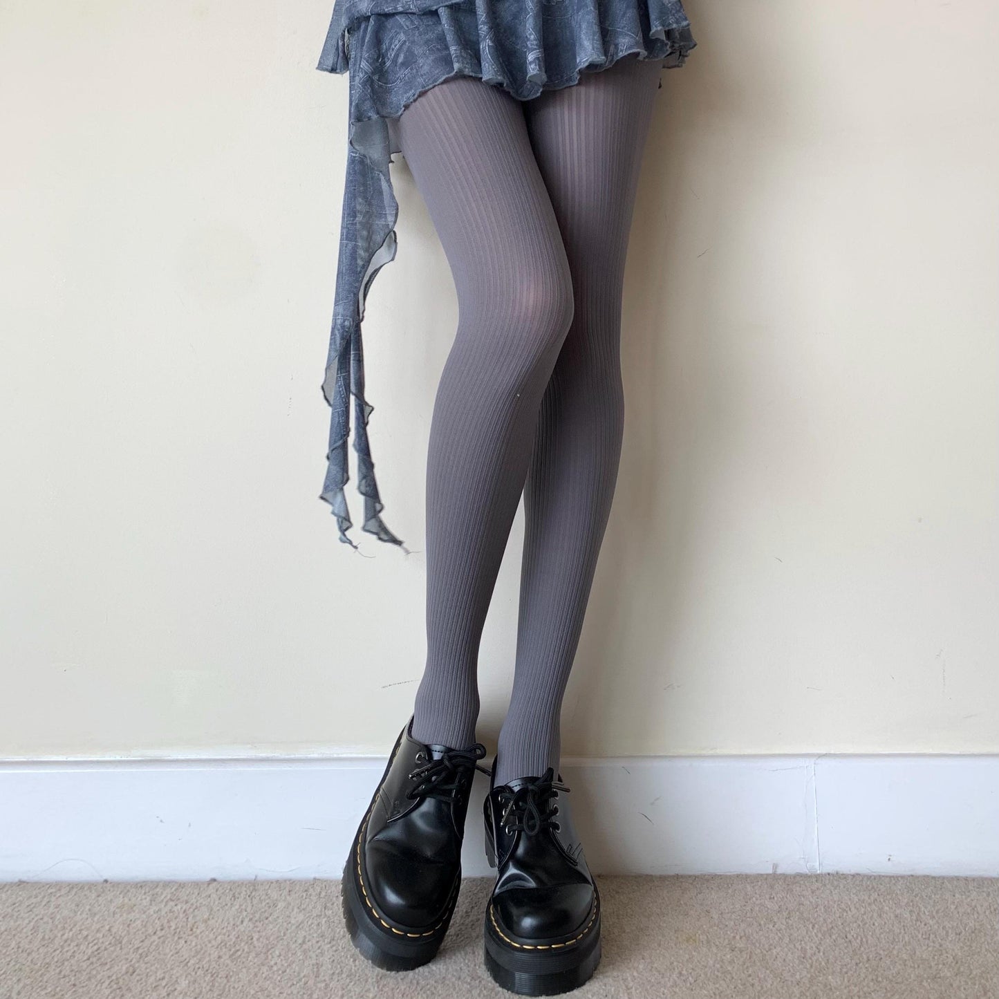 Blue Grey Ribbed Velvet Opaque Tights