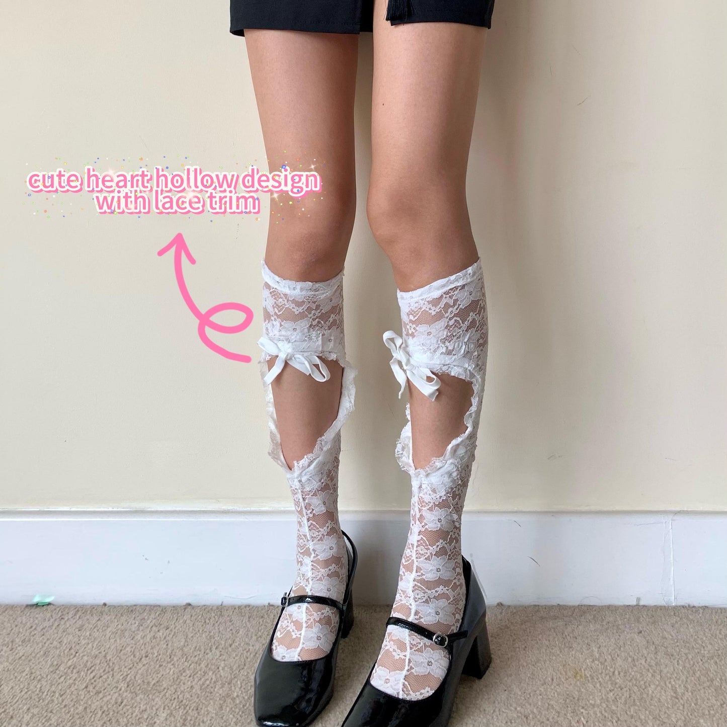 White Floral Knee-High Lace Socks with Heart Cutout Detail