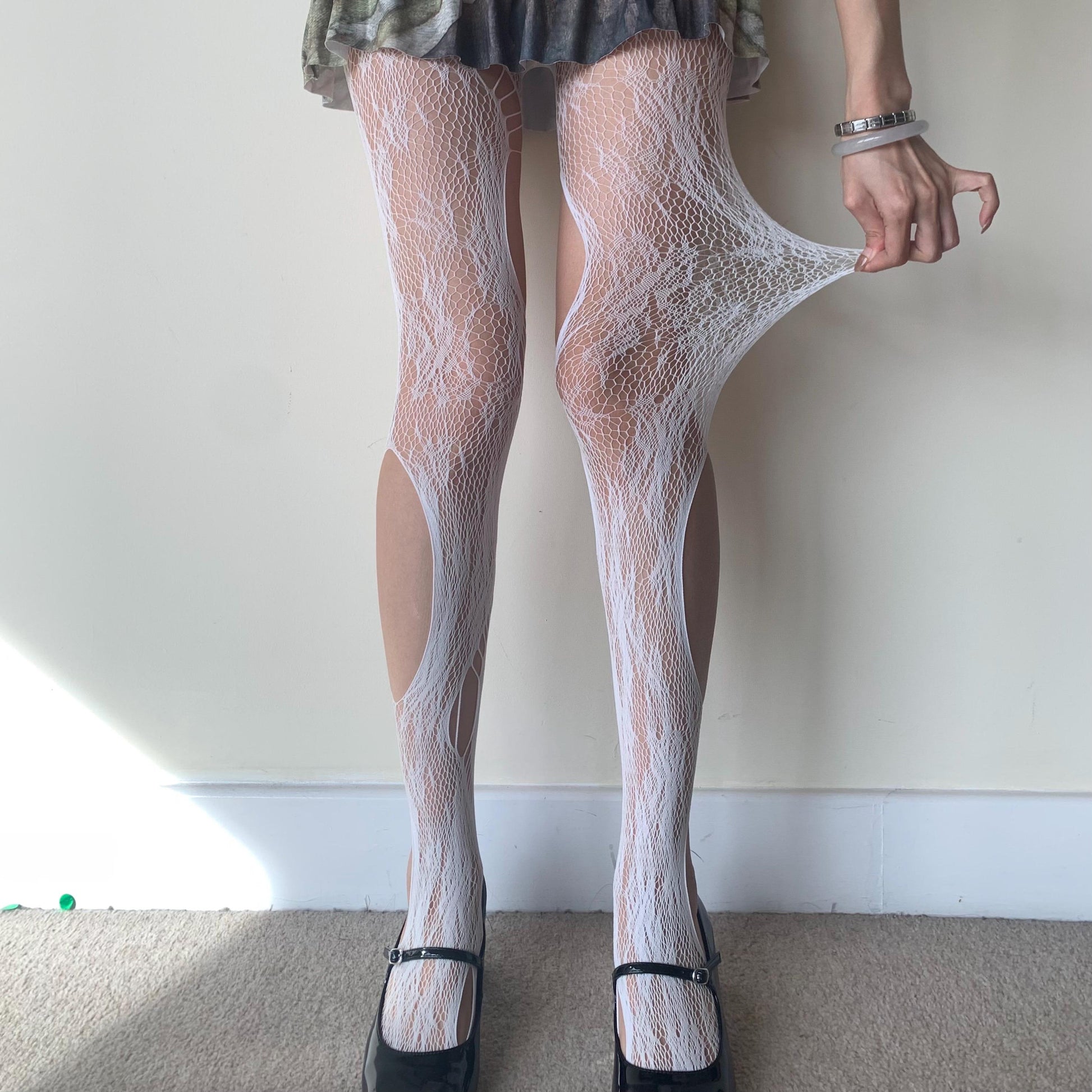 White Distressed Floral Fishnet Tights - tights