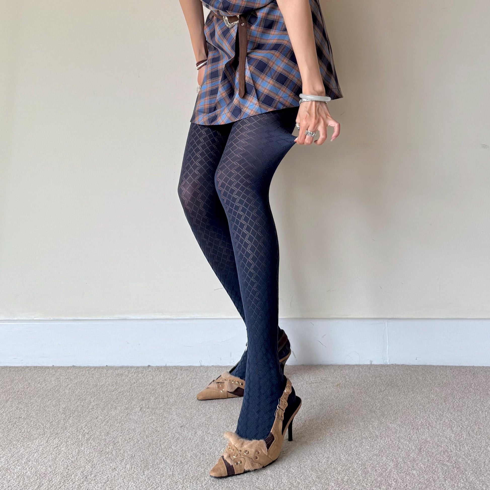 Dark Navy Blue Velvet 3D Crisscross Tights 110D - tights