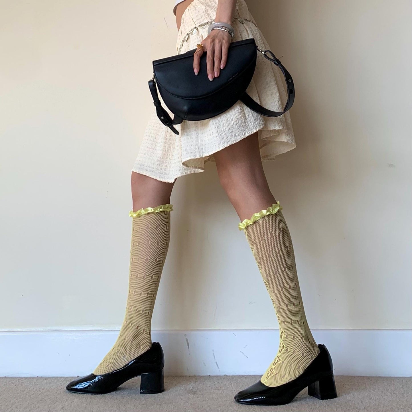 Yellow Floral Knee High Fishnet Socks with Satin Frilled Trim - socks