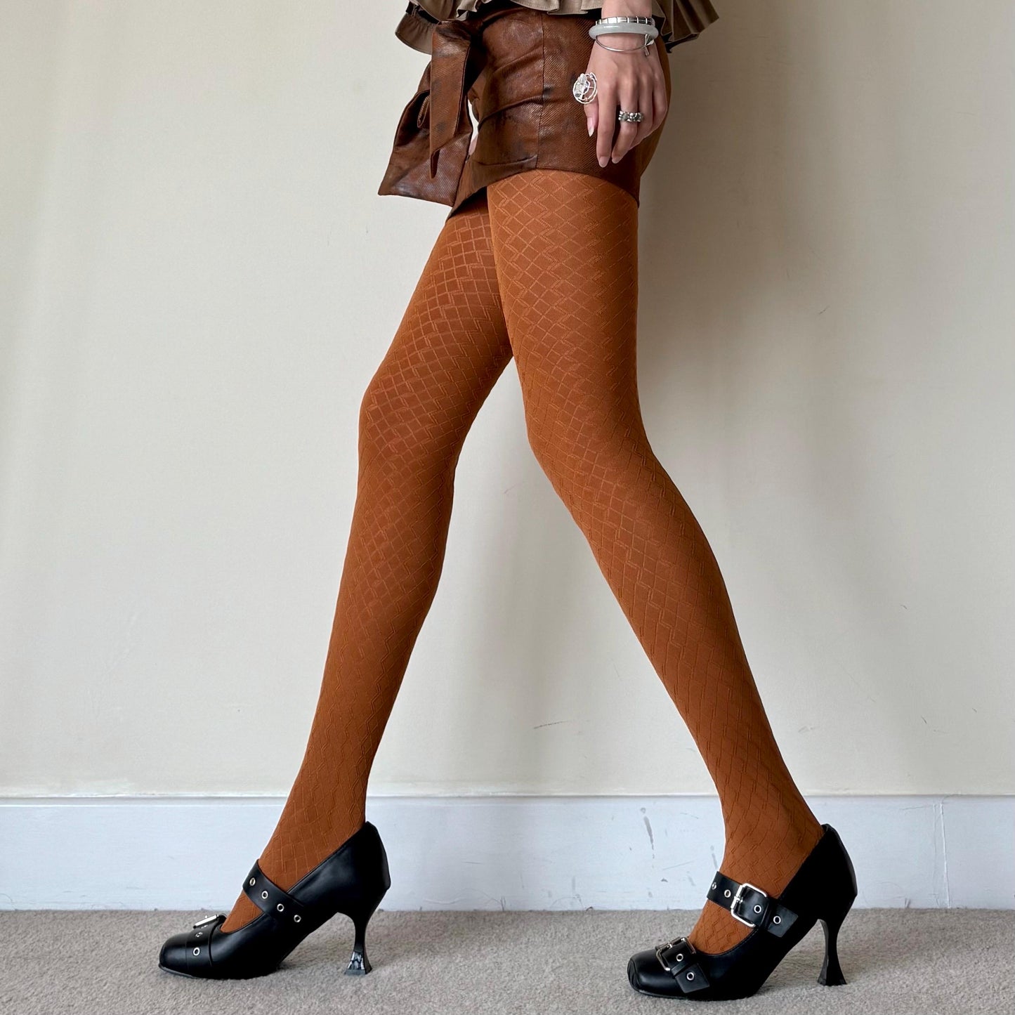 Cinnamon Orange Velvet 3D Crisscross Pattern Tights 110D - tights