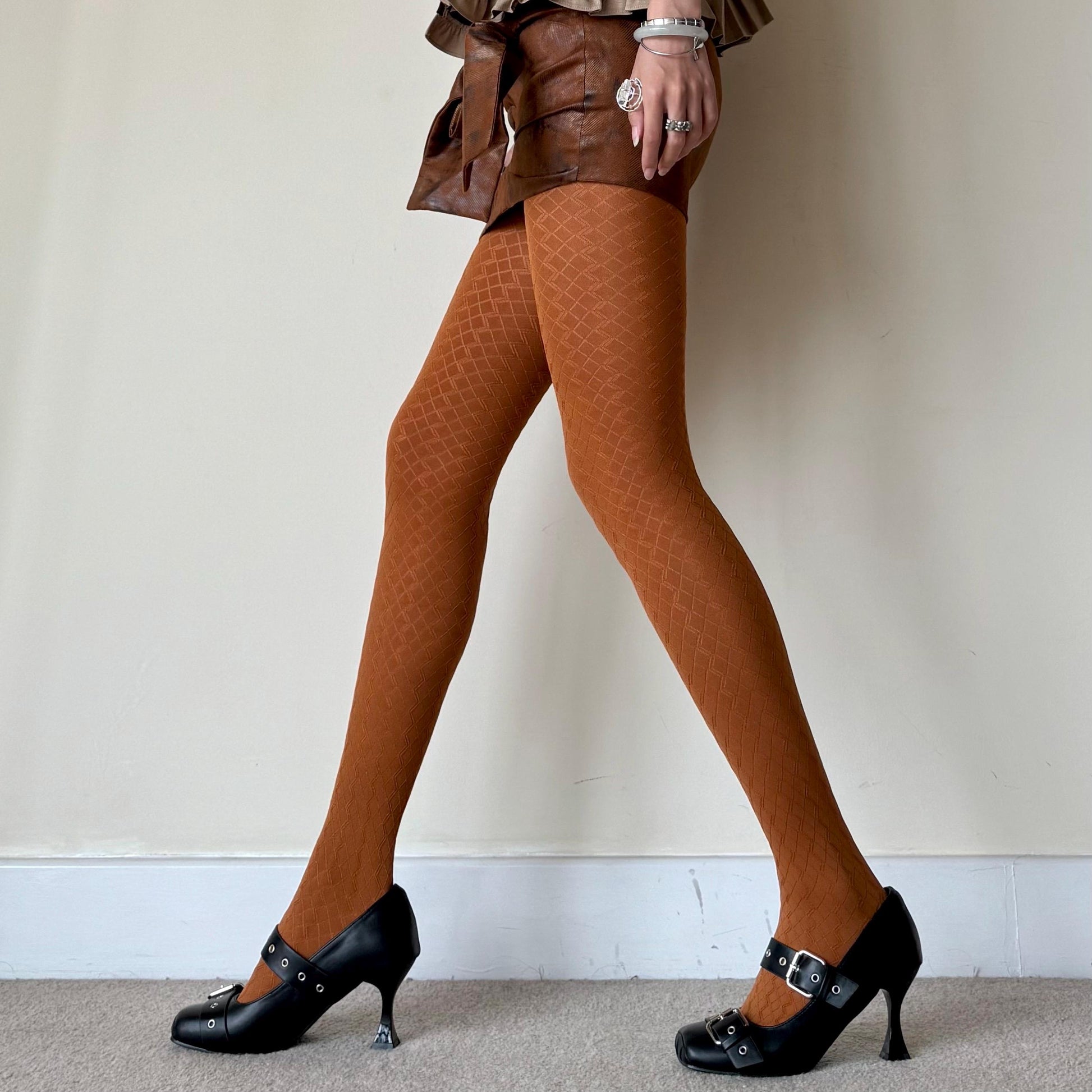 Cinnamon Orange Velvet 3D Crisscross Pattern Tights 110D - tights