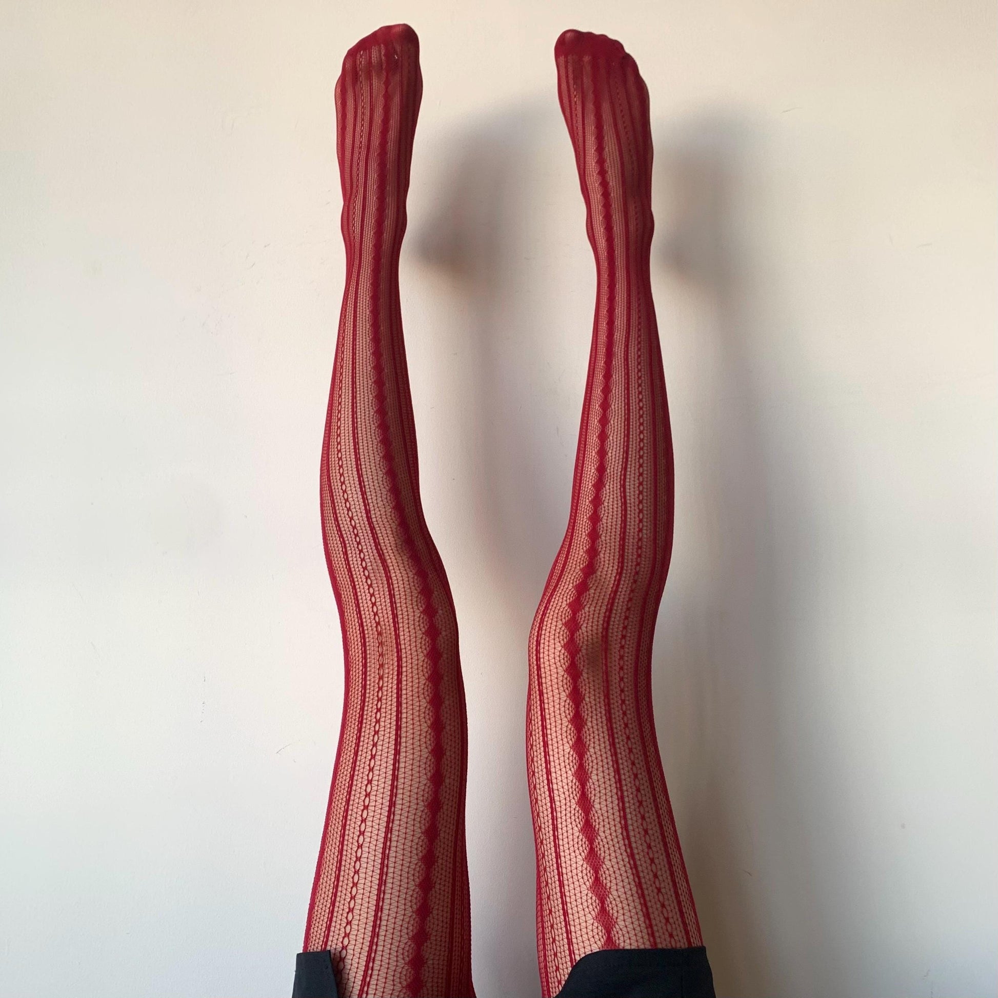 Red Geometric Stripped Fishnet Tights