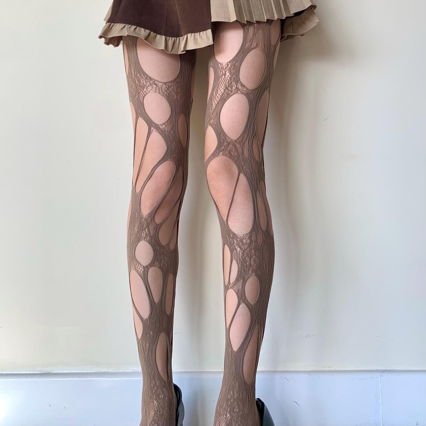 Brown Oval Cut-Out Fishnet Tights