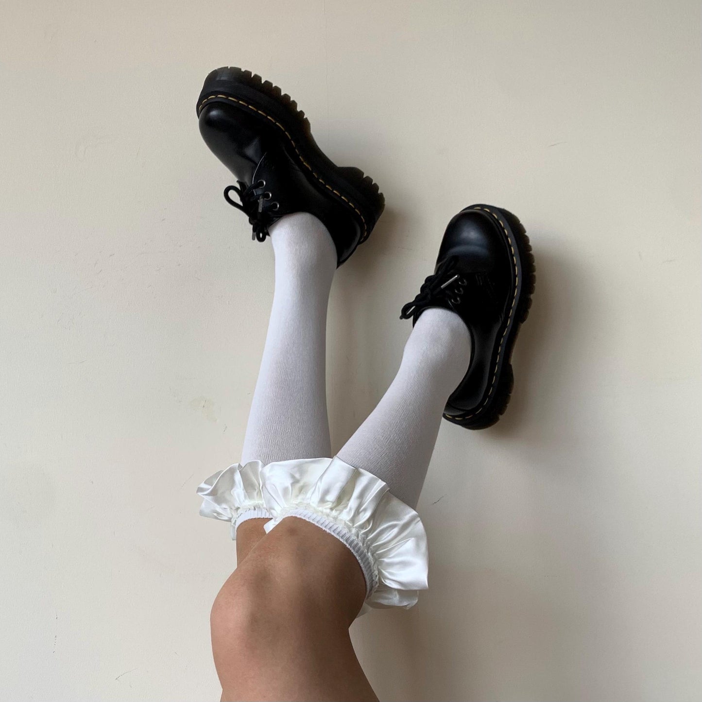 White Cotton Knee High Socks with Satin Ruffle - socks