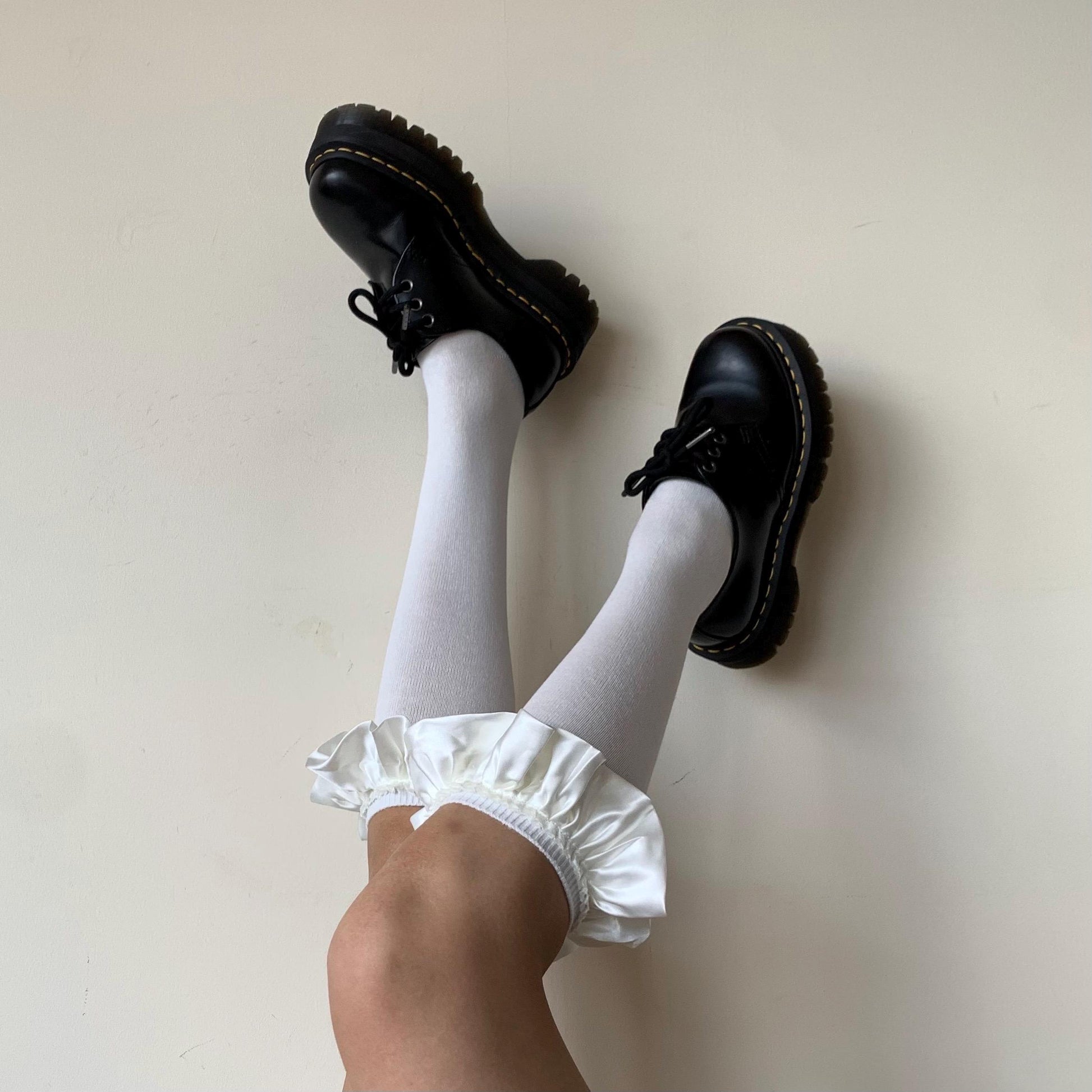 White Cotton Knee High Socks with Satin Ruffle - socks