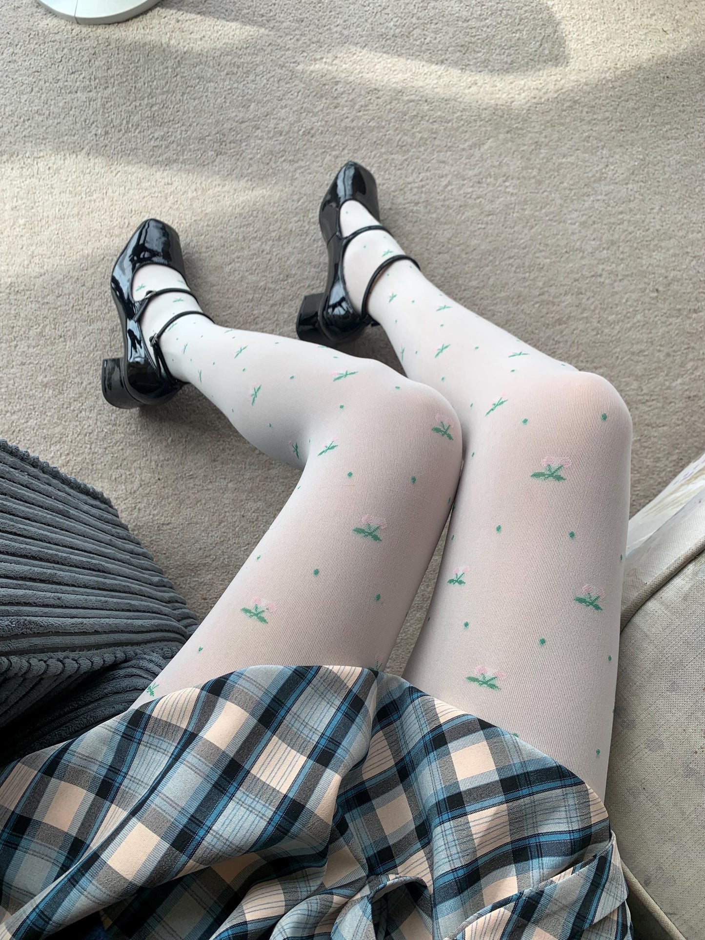 Cream White Velvet Tights with Pink Cherry Print 120D