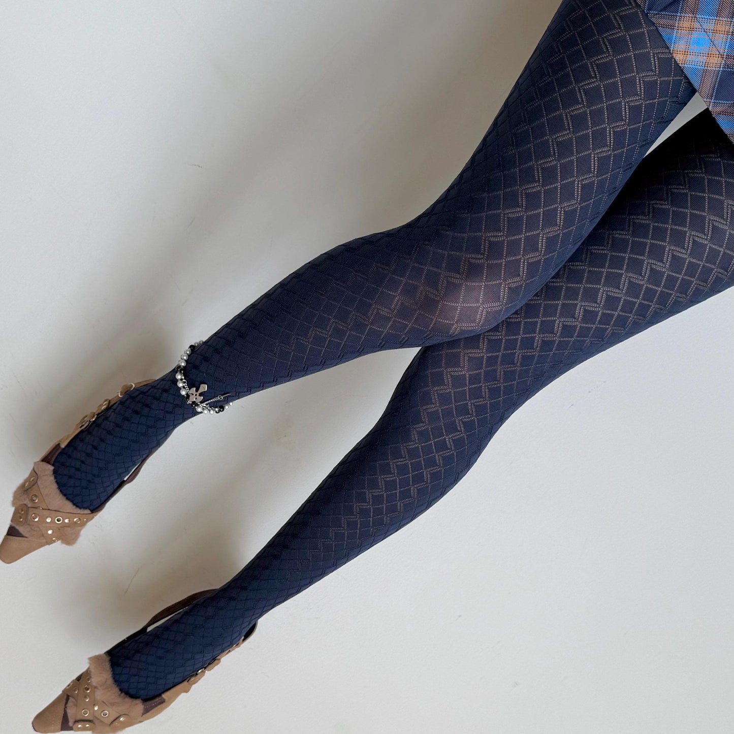 Dark Navy Blue Velvet 3D Crisscross Tights 110D - tights