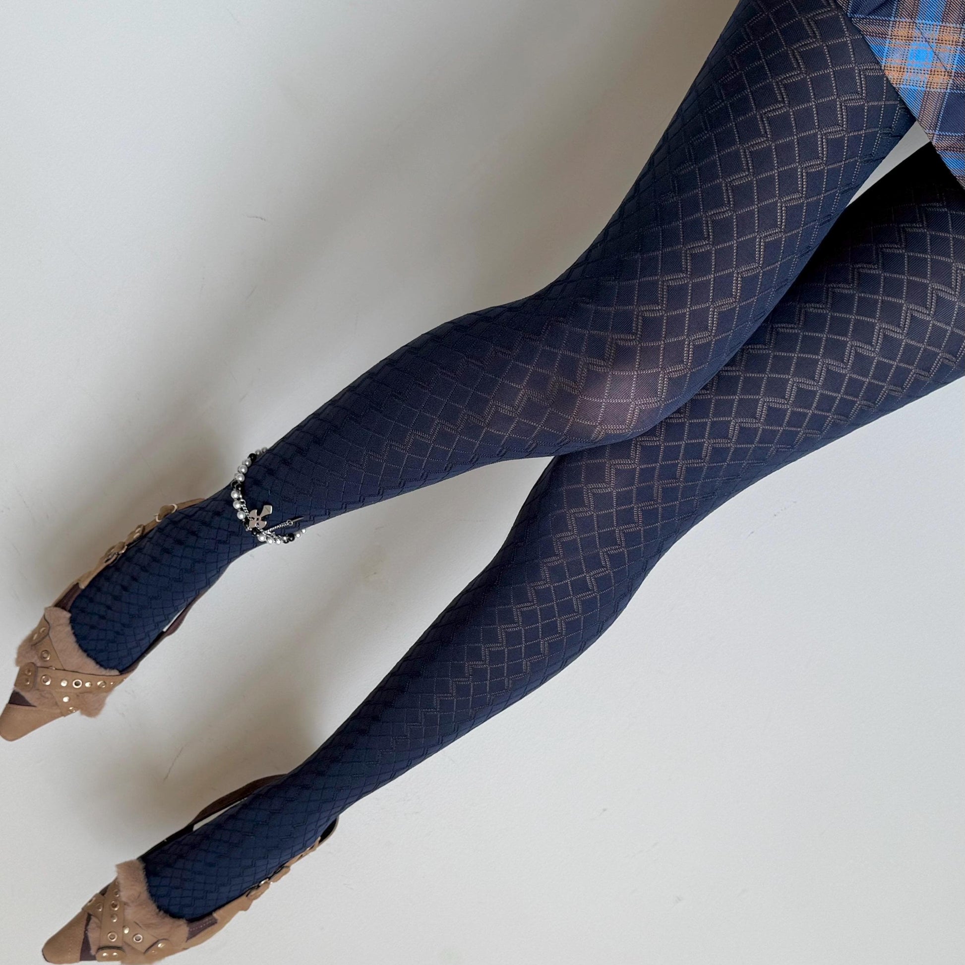 Dark Navy Blue Velvet 3D Crisscross Tights 110D - tights