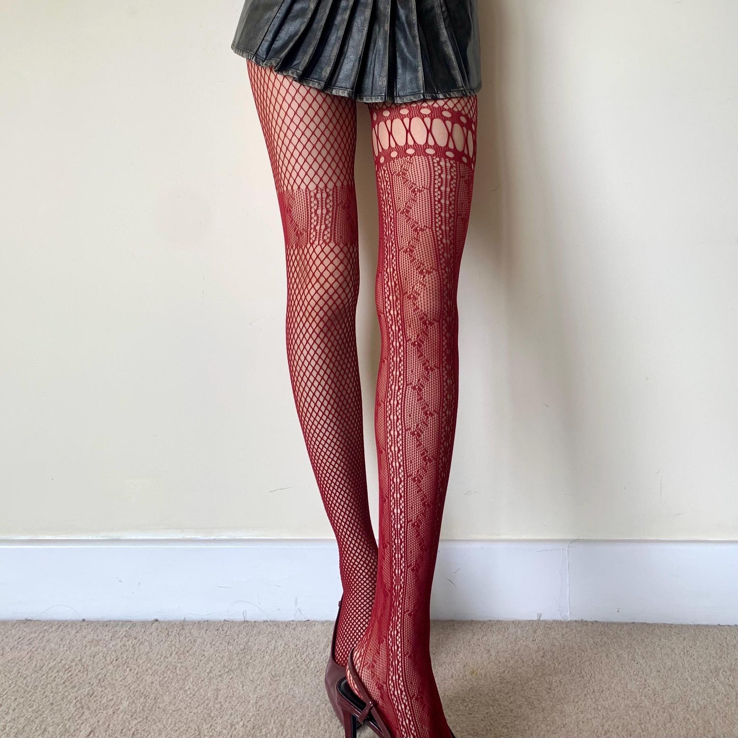 Burgundy Red Asymmetrical Mismatched Floral Fishnet Tights