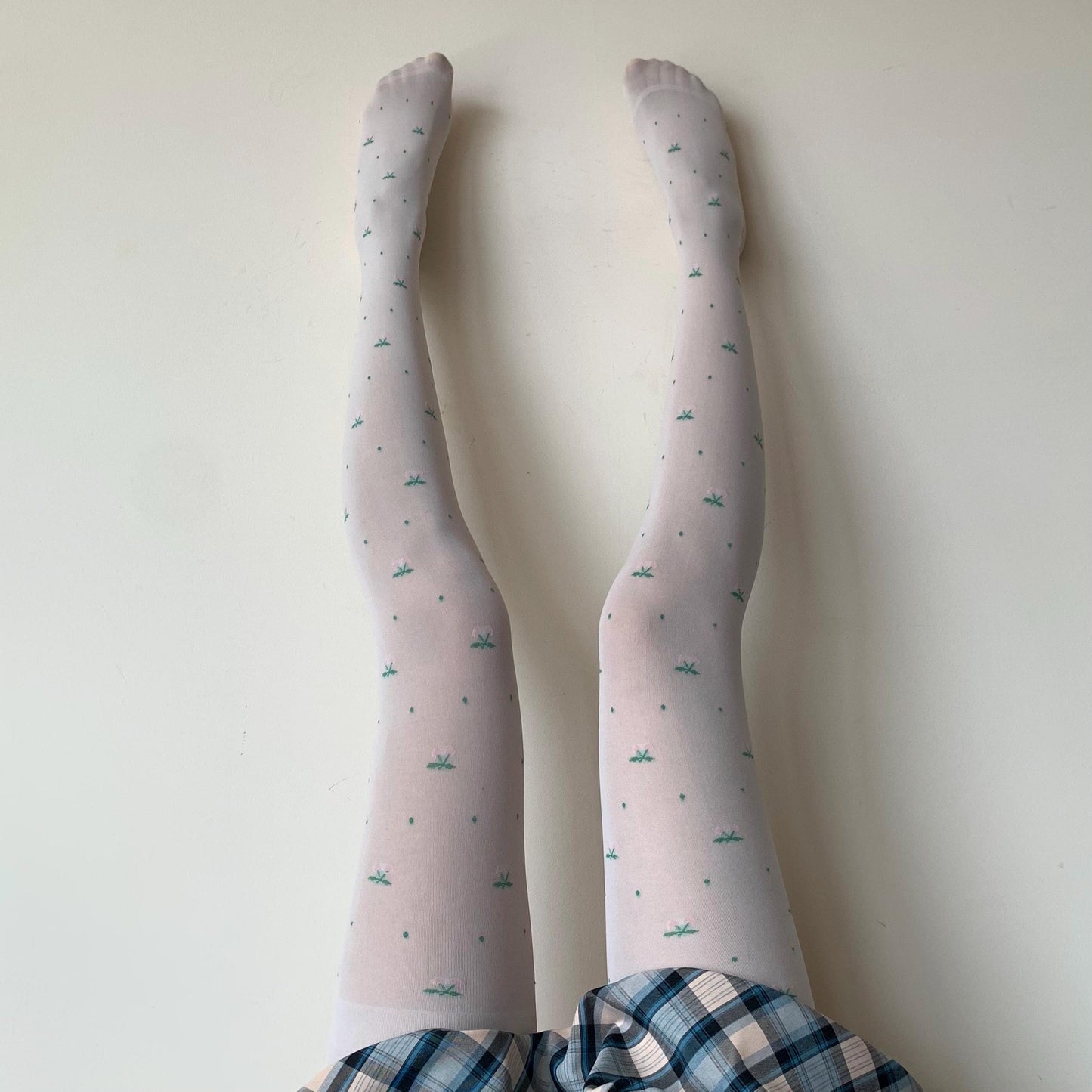 Cream White Velvet Tights with Pink Cherry Print 120D