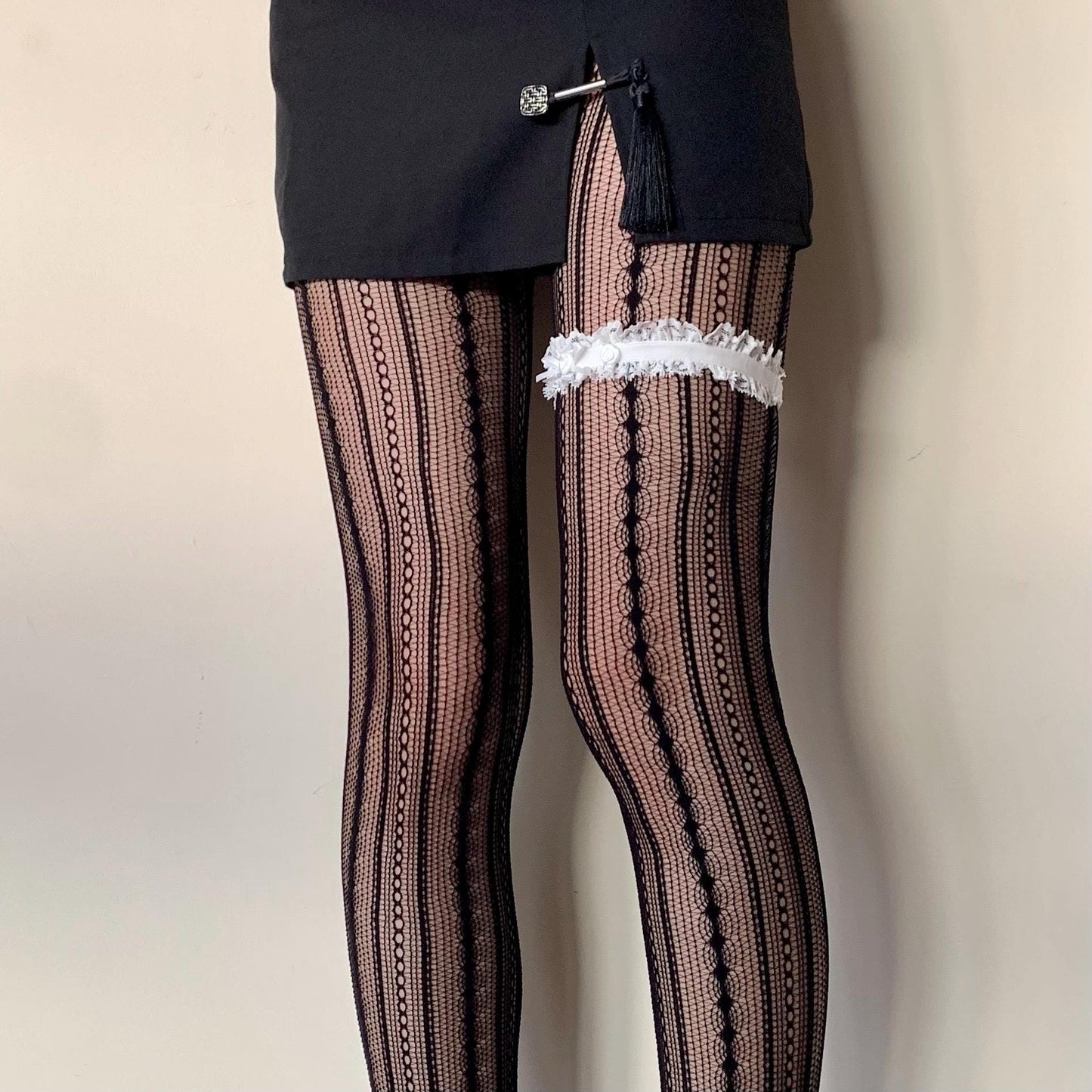 Black Geometric Striped Fishnet Tights