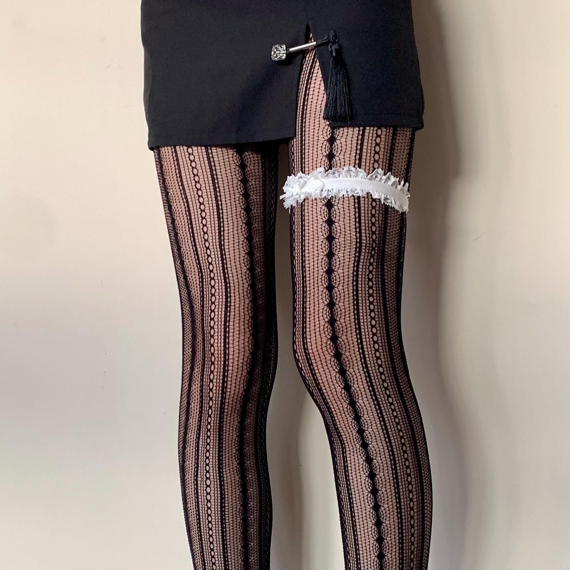 Black Geometric Striped Fishnet Tights