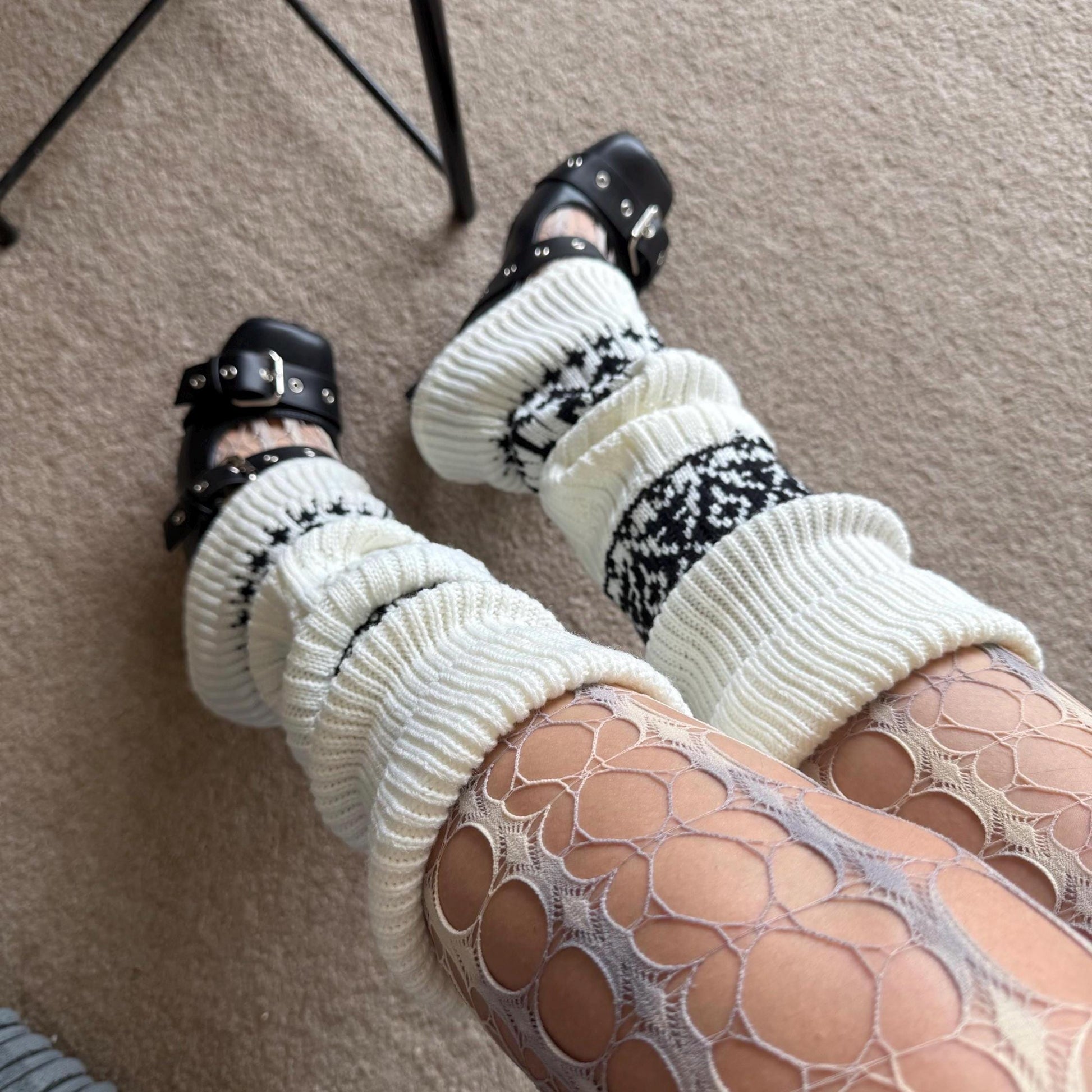 White Fair Isle Wool Knit Leg Warmers