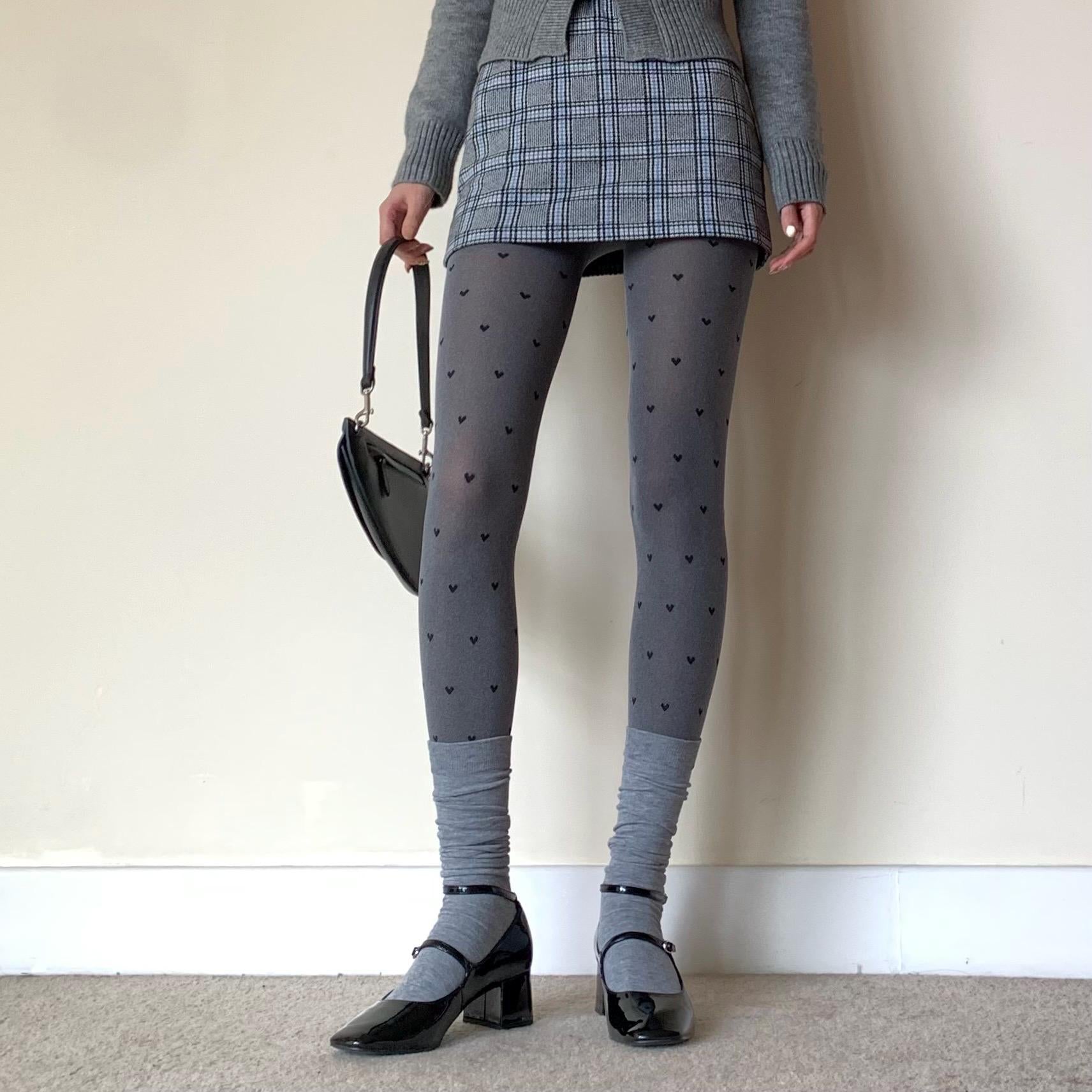 Grey Polka Dot with Heart Pattern Opaque Tights - Grey / One size - pantyhose