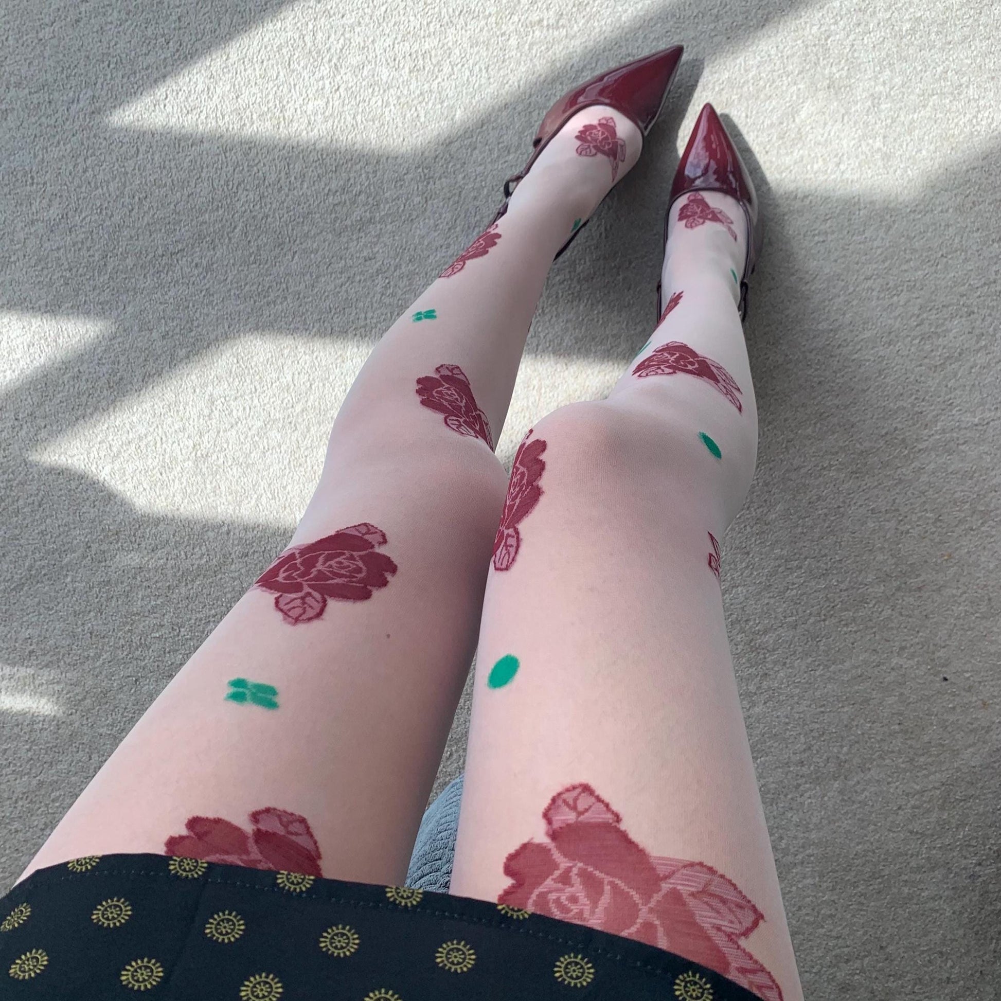 White Sheer Tights with Embroidered Roses & Green Leaves - tights