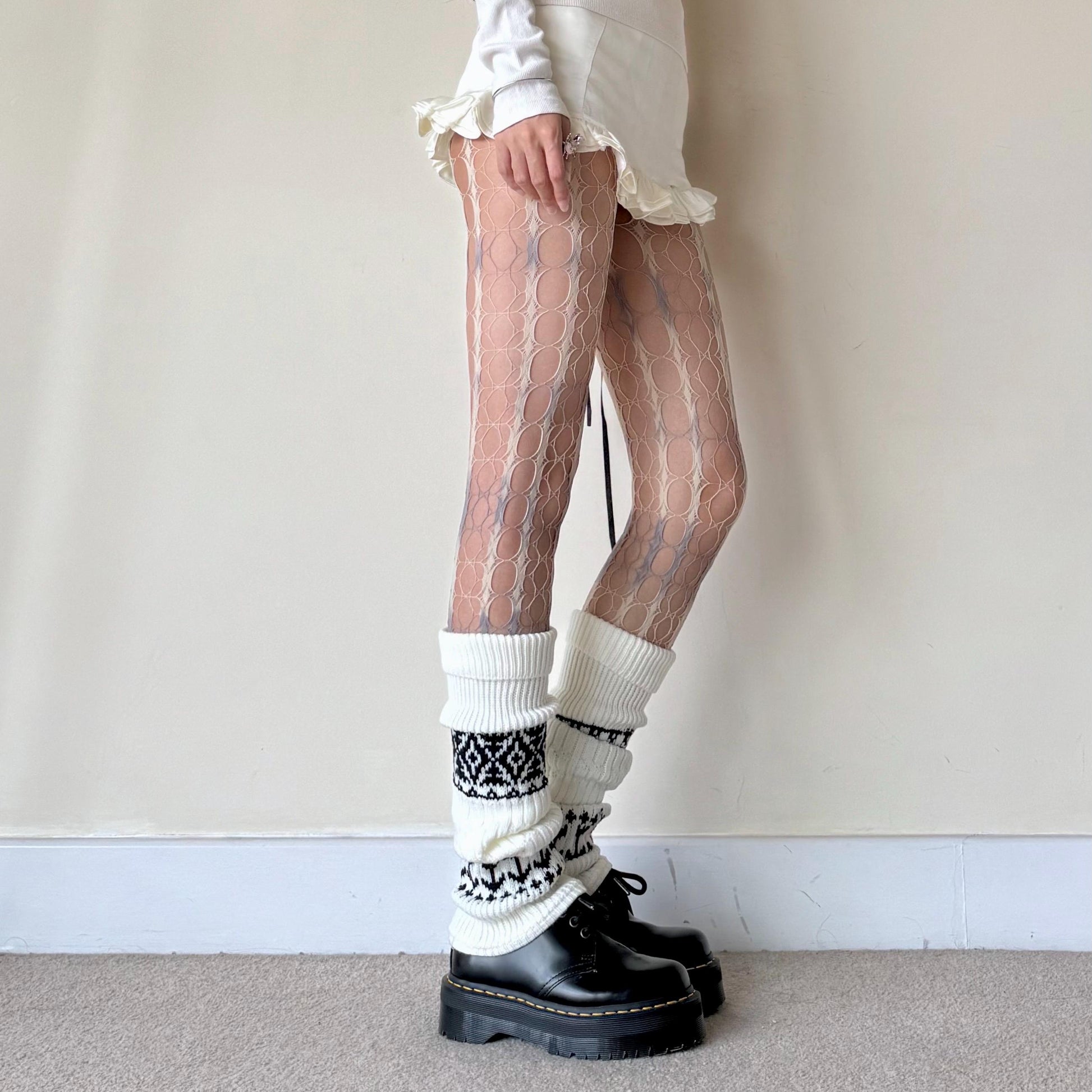 White Fair Isle Wool Knit Leg Warmers