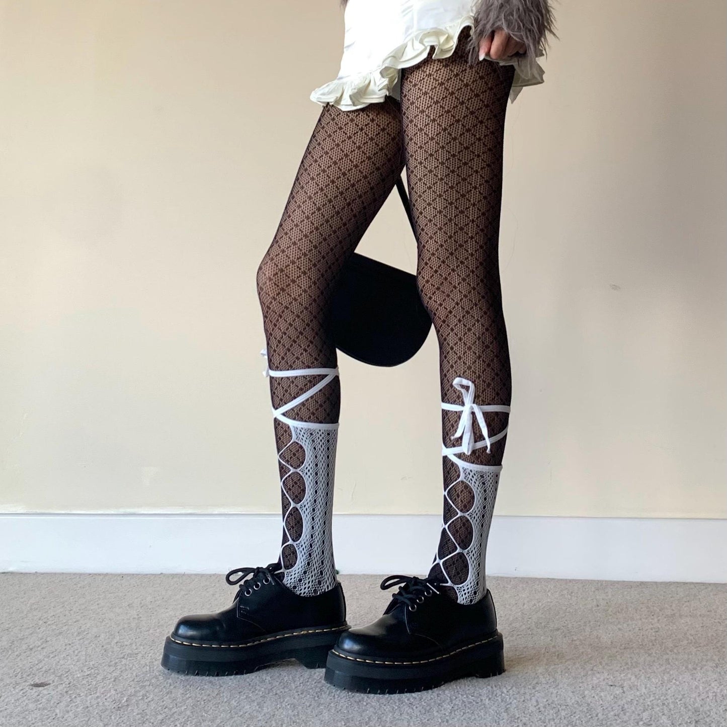 White Lace-Up Fishnet Socks with Adjustable Ribbon Straps - socks