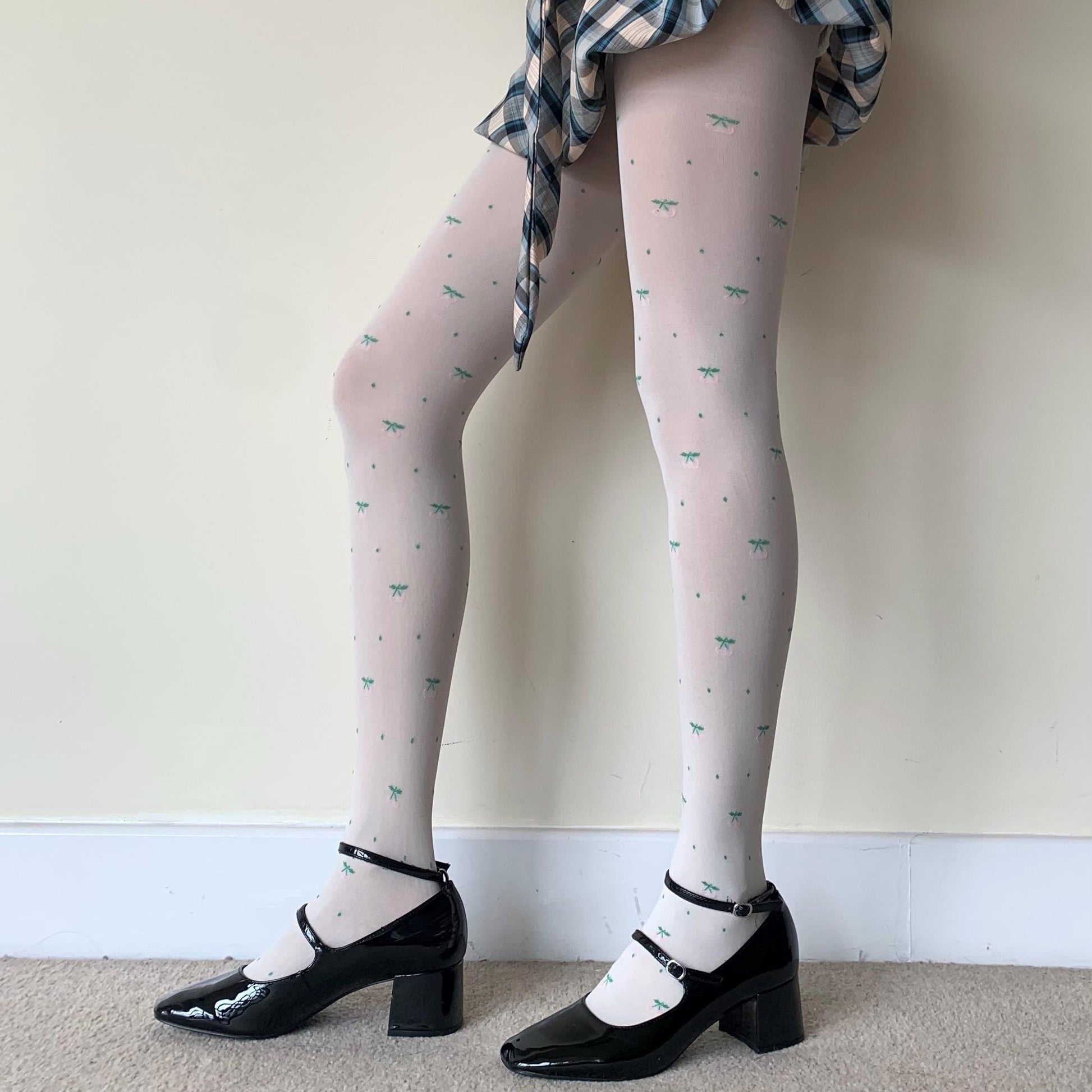 Cream White Velvet Tights with Pink Cherry Print 120D