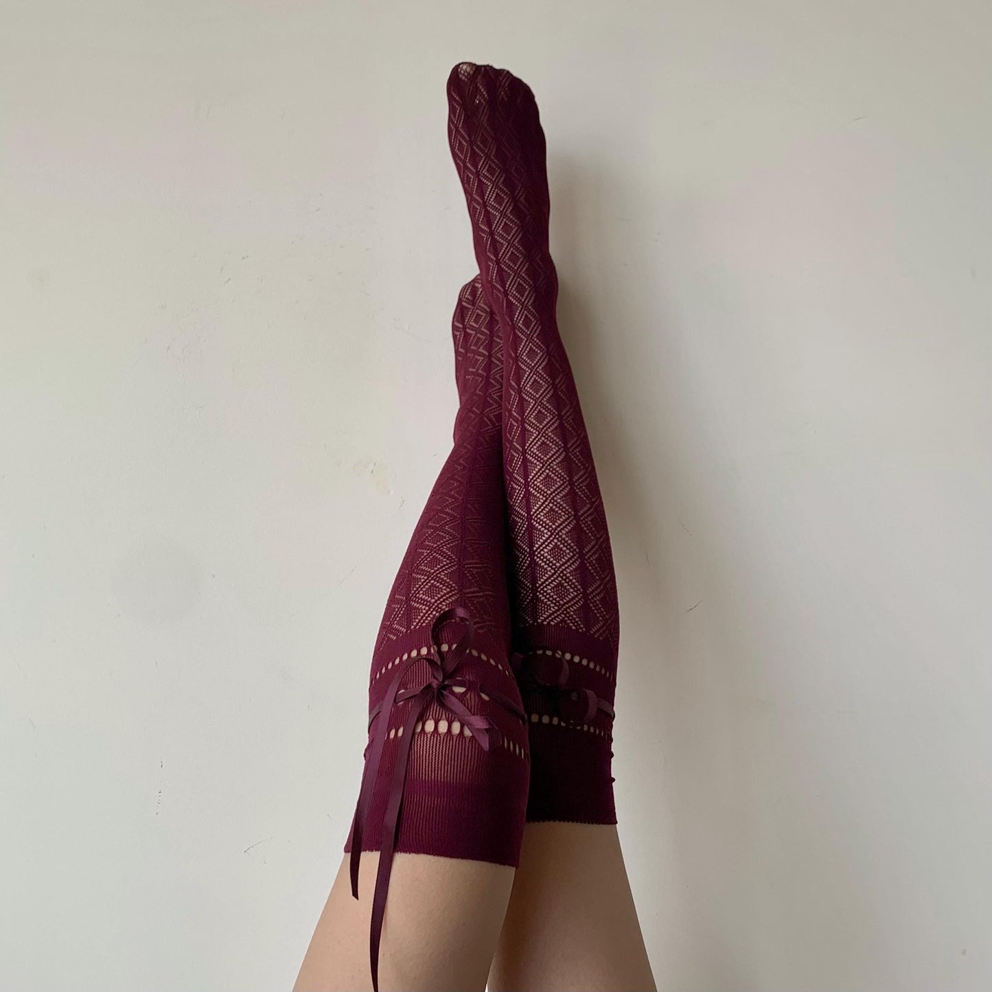 Burgundy Diamond Fishnet Knee High Socks with Adjustable Lace Bow Tie - stockings