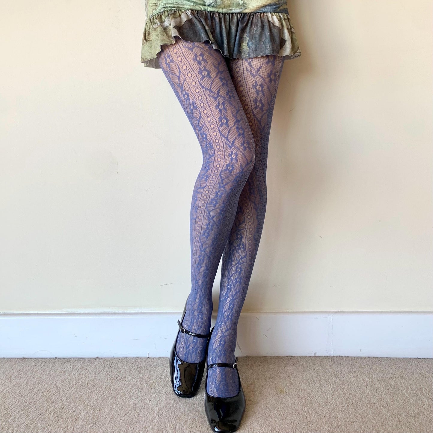 Blue Floral Vine Patterned Fishnet Tights