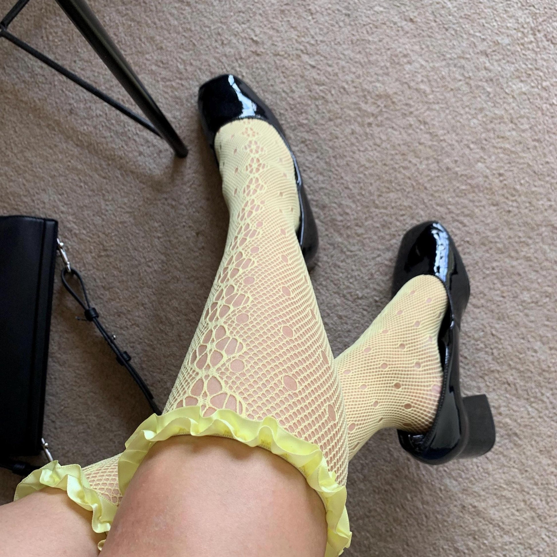Yellow Floral Knee High Fishnet Socks with Satin Frilled Trim - socks