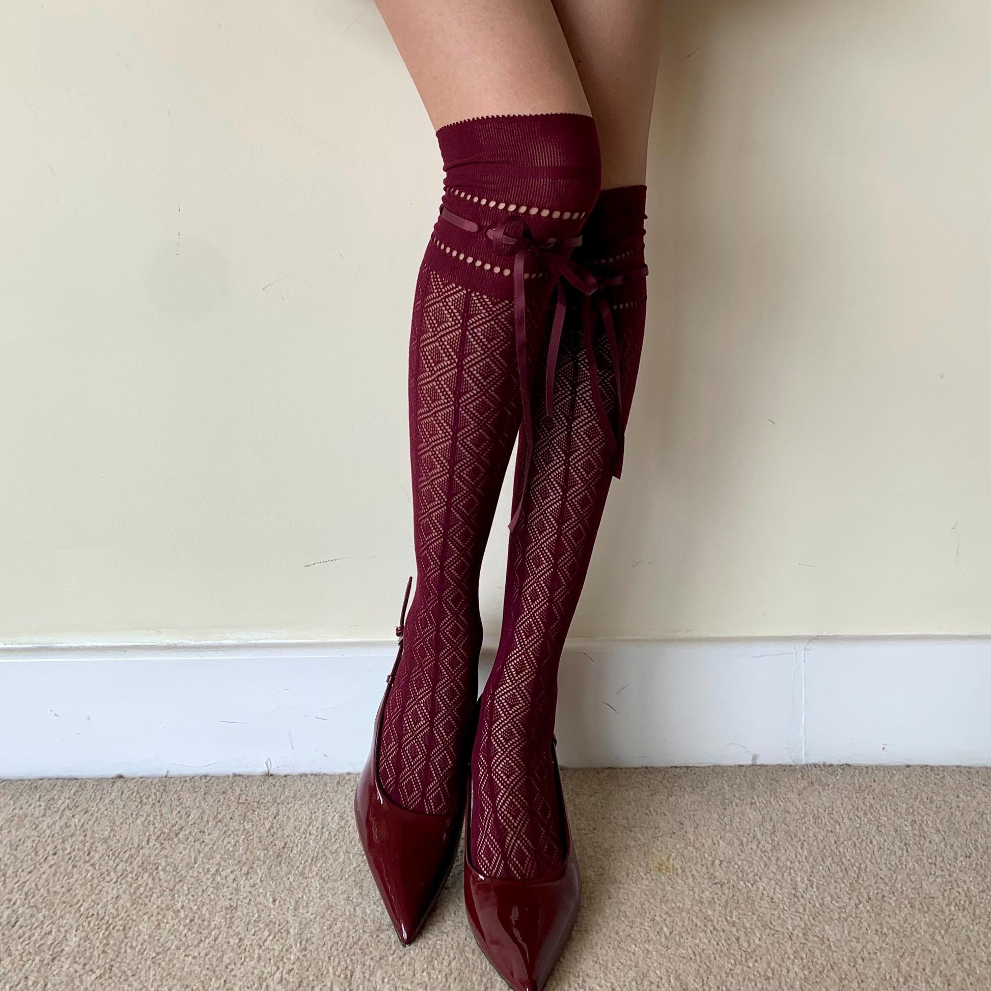 Burgundy Diamond Fishnet Knee High Socks with Adjustable Lace Bow Tie - stockings