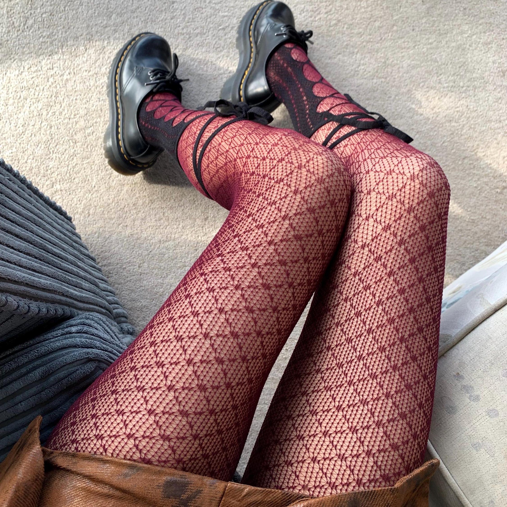 Burgundy Red Crisscross Fishnet Tights