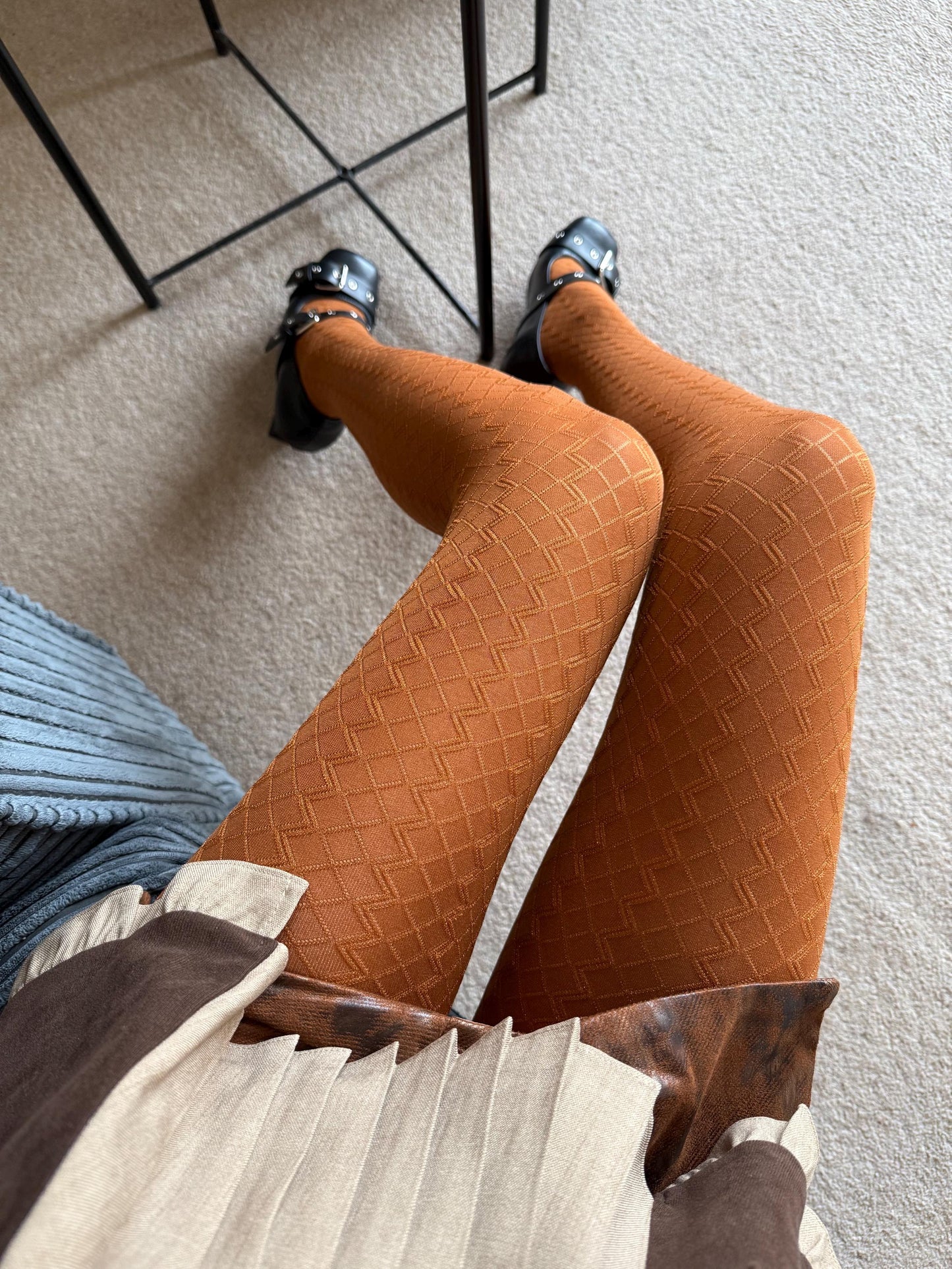 Cinnamon Orange Velvet 3D Crisscross Pattern Tights 110D - tights