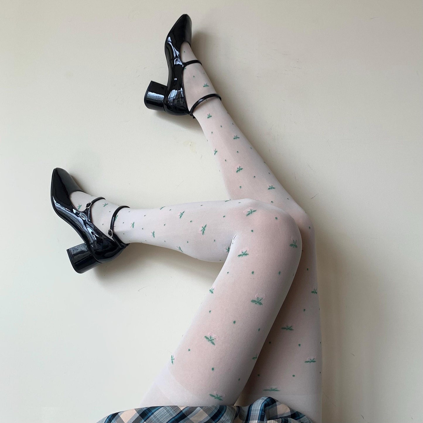 Cream White Velvet Tights with Pink Cherry Print 120D