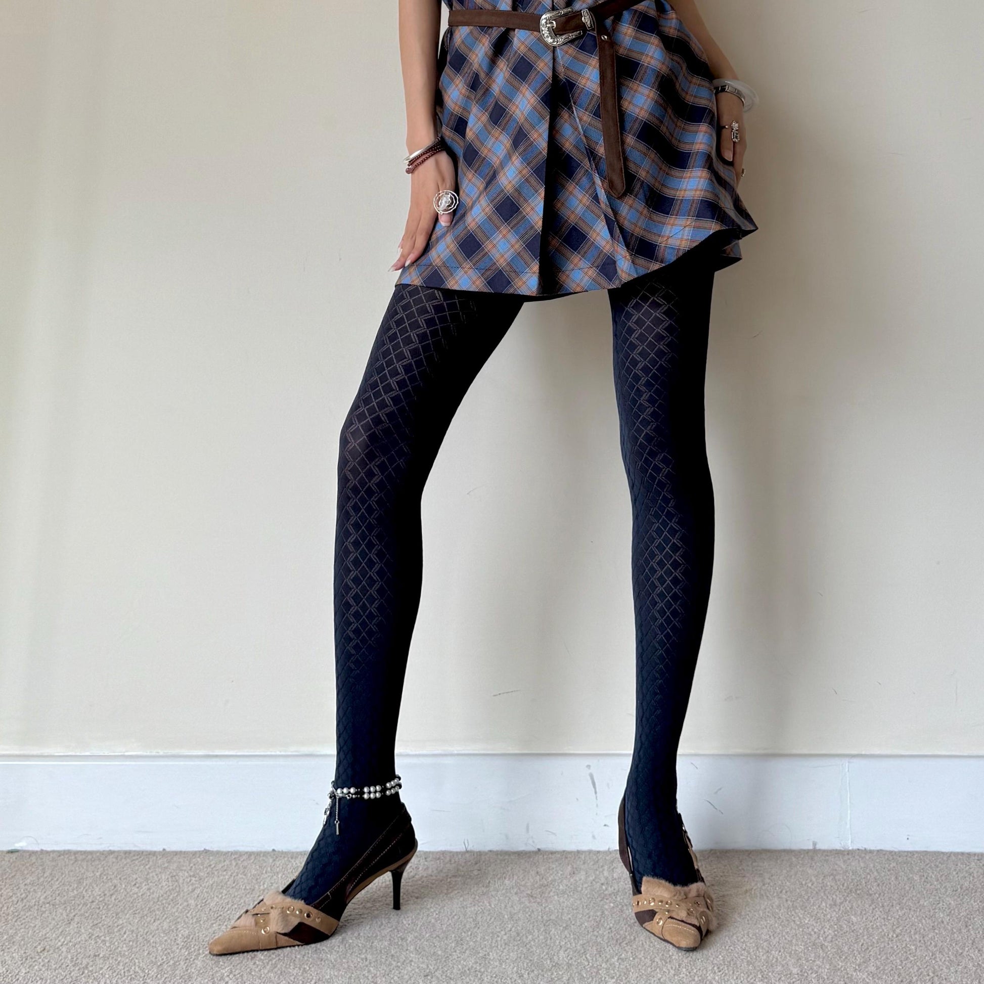 Dark Navy Blue Velvet 3D Crisscross Tights 110D - tights