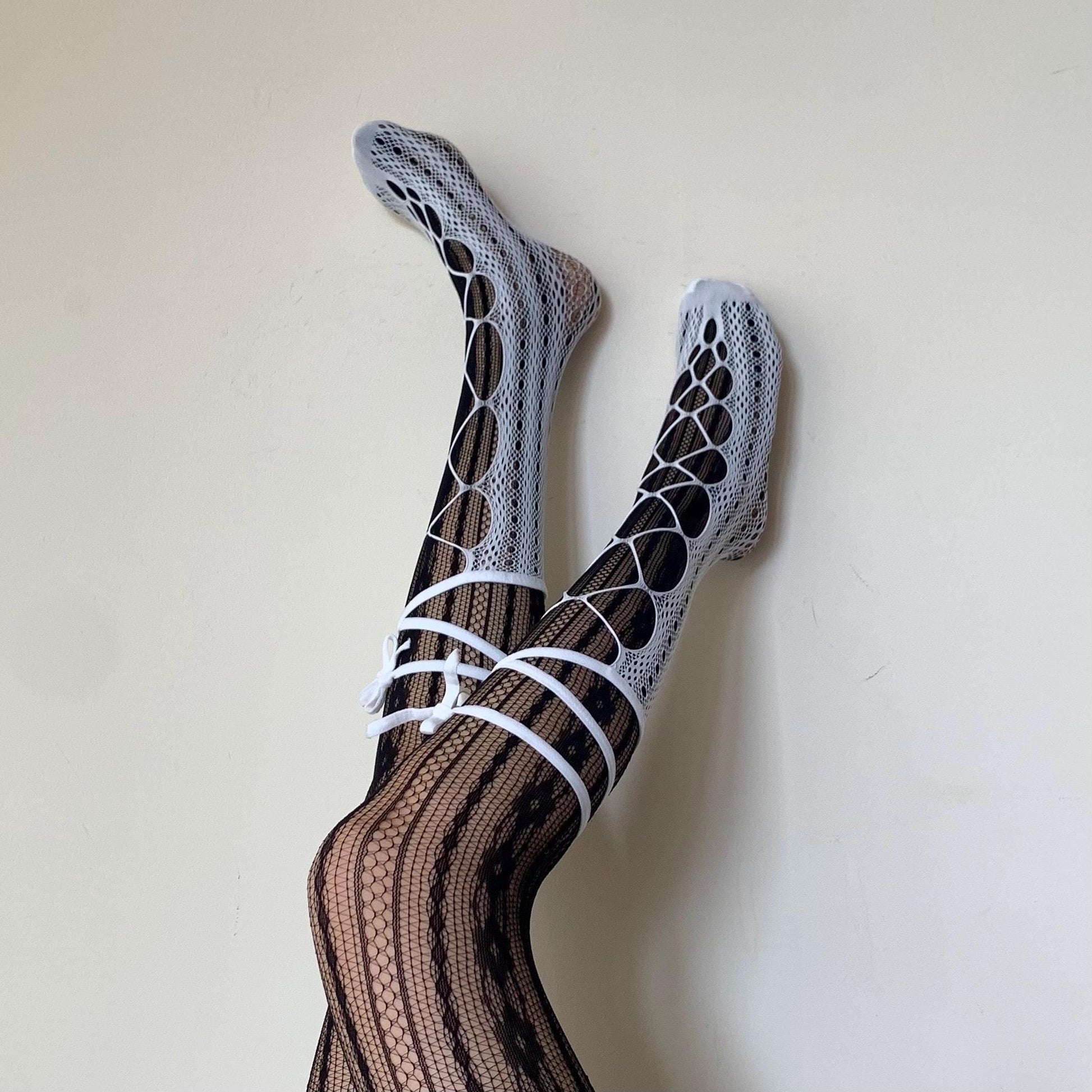 White Lace-Up Fishnet Socks with Adjustable Ribbon Straps - socks