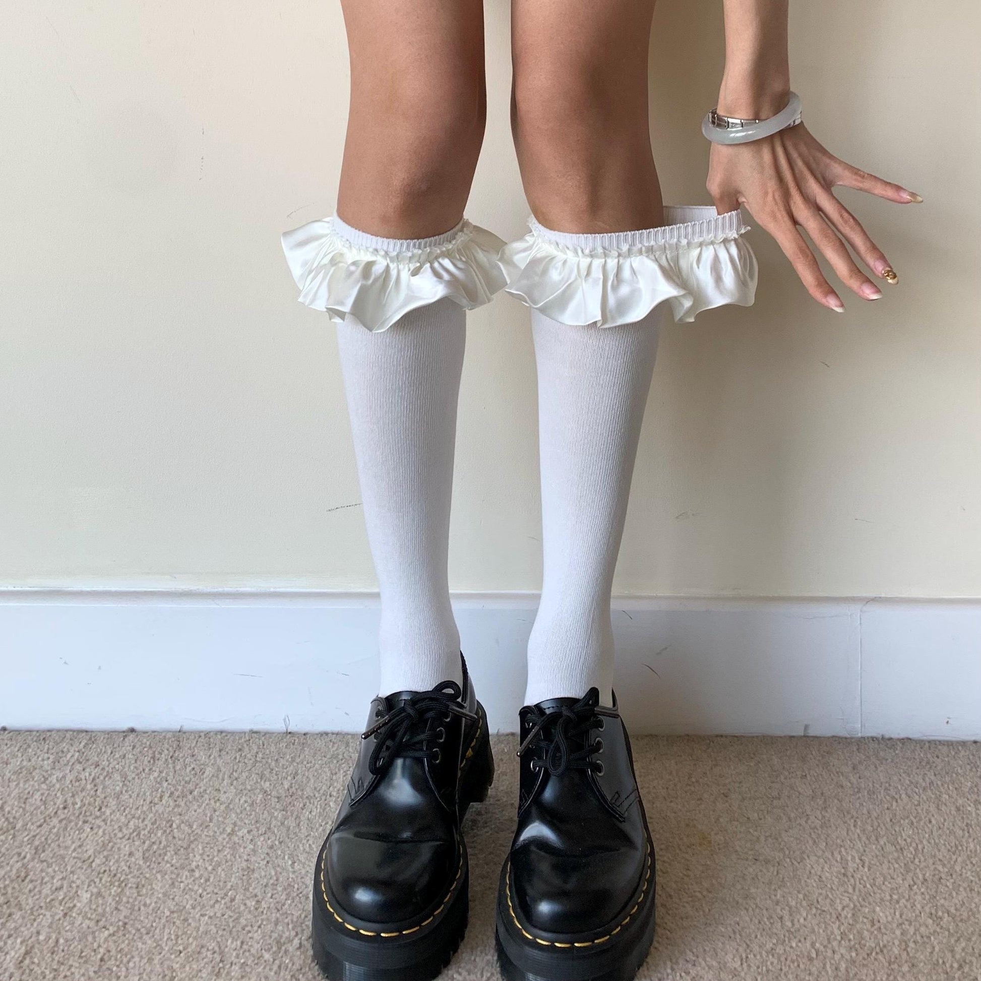 White Cotton Knee High Socks with Satin Ruffle - socks