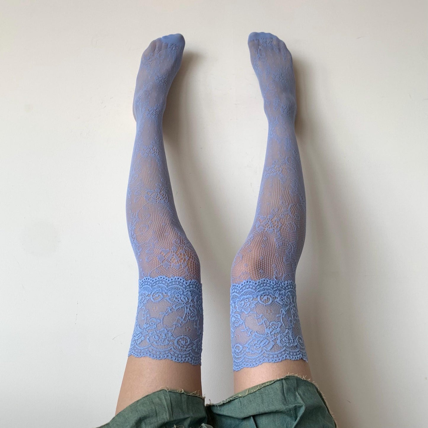 Blue Thigh High Hold-up Rose Pattern Fishnet Stockings with Lace Trim - stockings