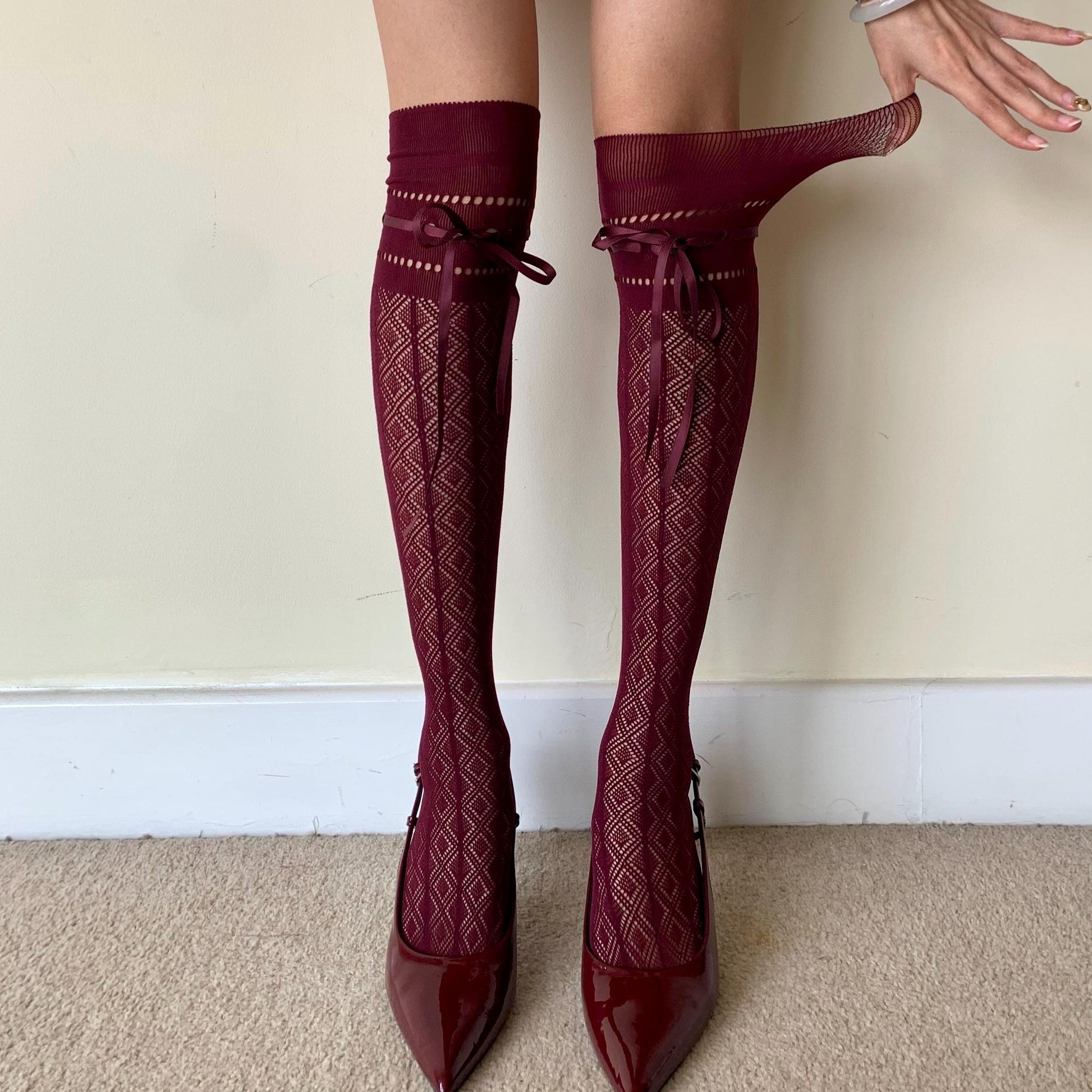 Burgundy Diamond Fishnet Knee High Socks with Adjustable Lace Bow Tie - stockings