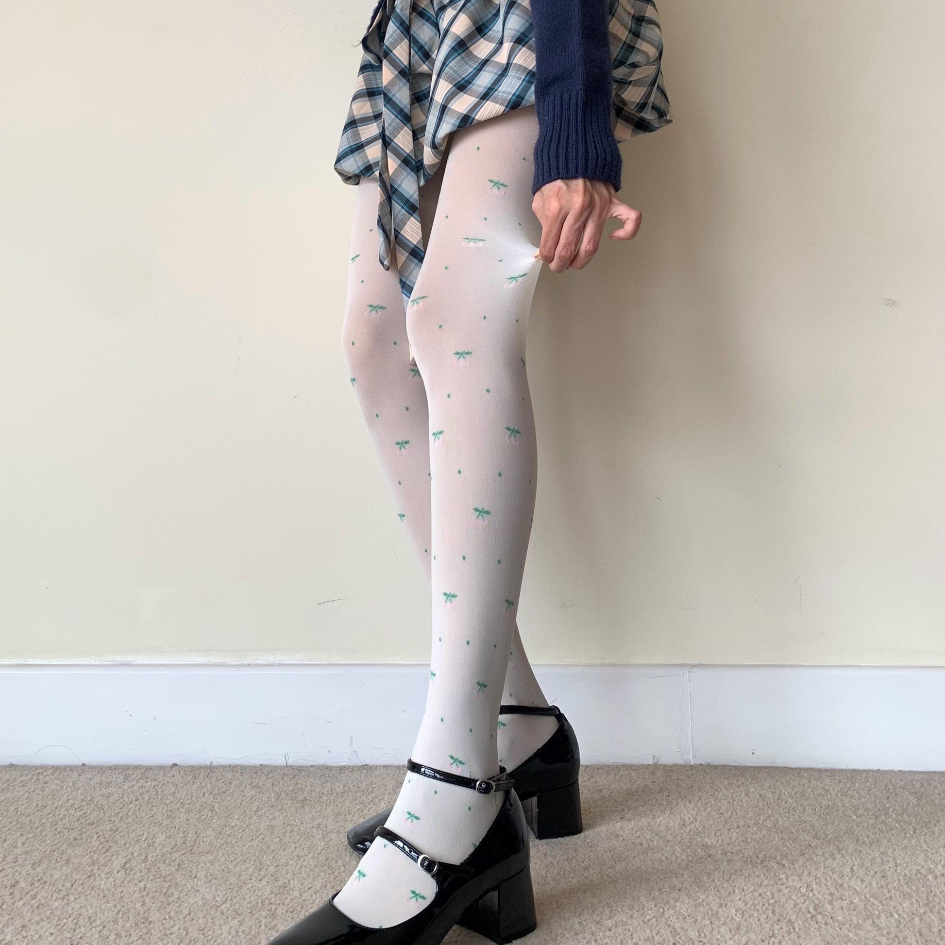 Cream White Velvet Tights with Pink Cherry Print 120D