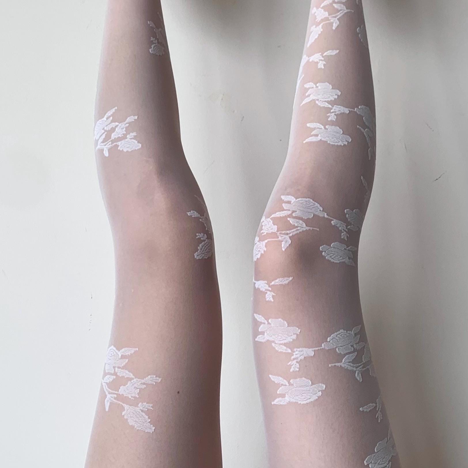 Cream White Rose Sheer Velvet Tights - tights