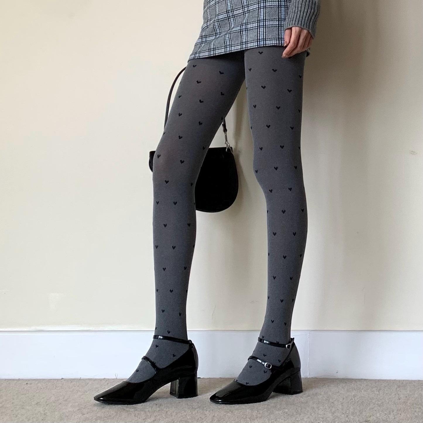 Grey Polka Dot with Heart Pattern Opaque Tights - Grey / One size - pantyhose